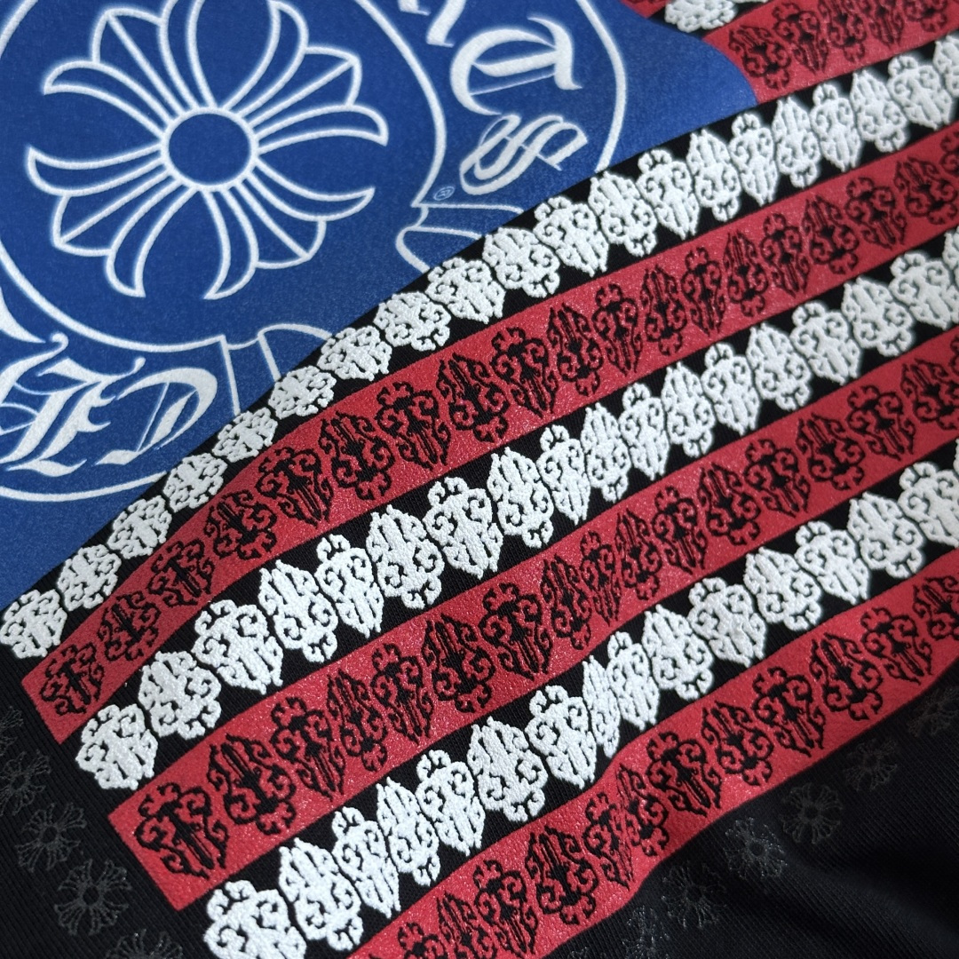 Chrome Hearts CH 克罗心  圆领短袖 T恤 十字架马蹄美国国旗 黑色 A0  