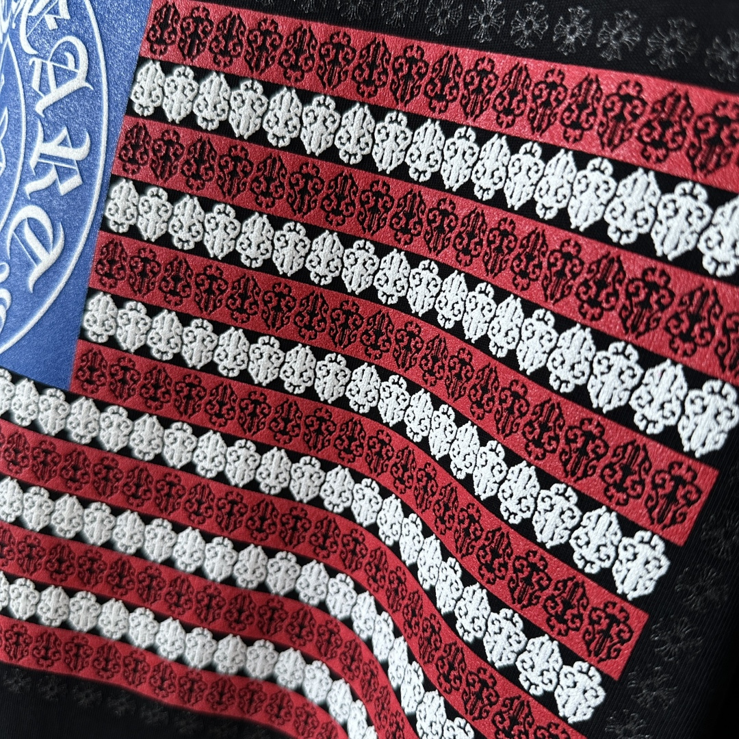 Chrome Hearts CH 克罗心  圆领短袖 T恤 十字架马蹄美国国旗 黑色 A0  