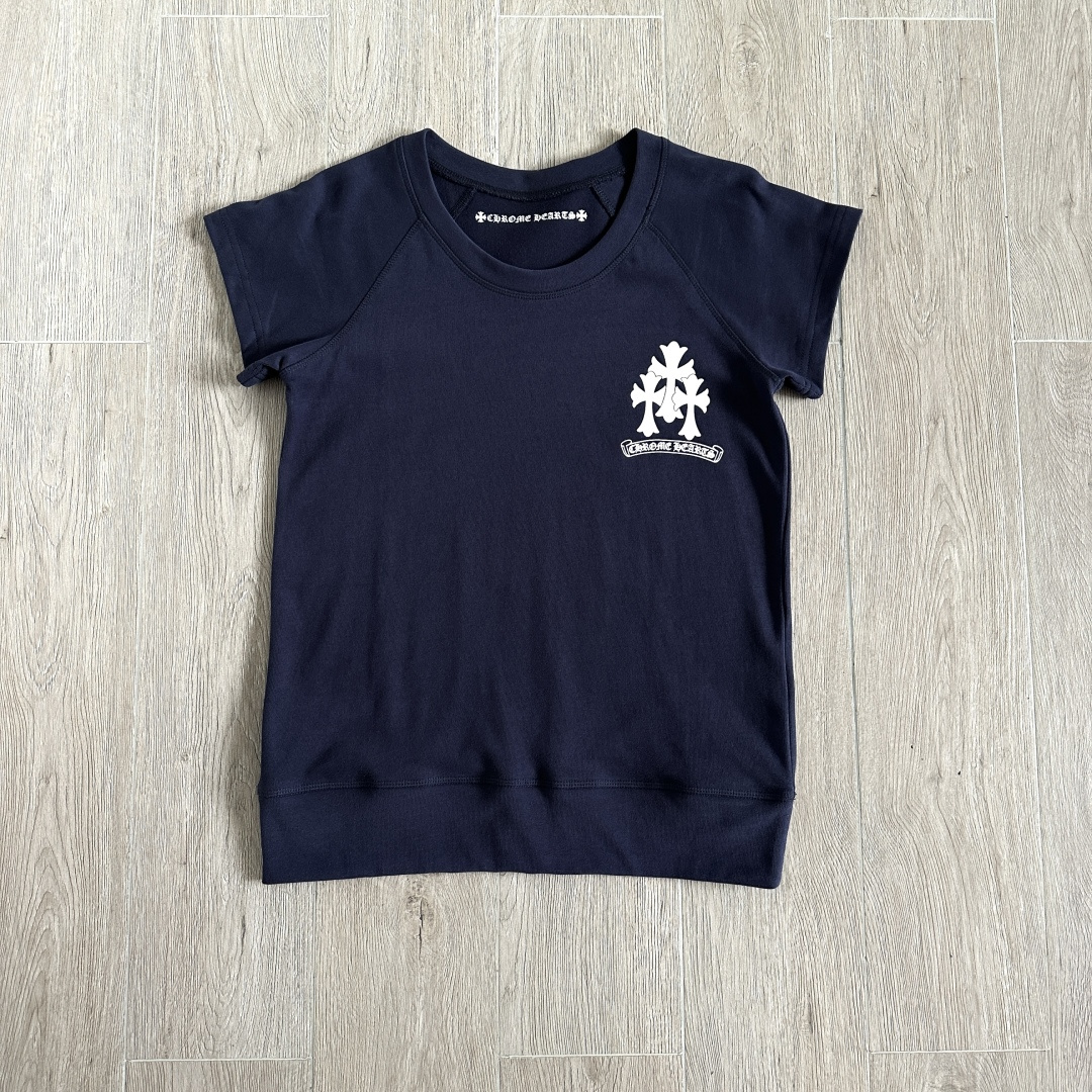 Chrome Hearts CH 女款 克罗心V领修身  短袖 T恤 藤蔓十字架  深灰色