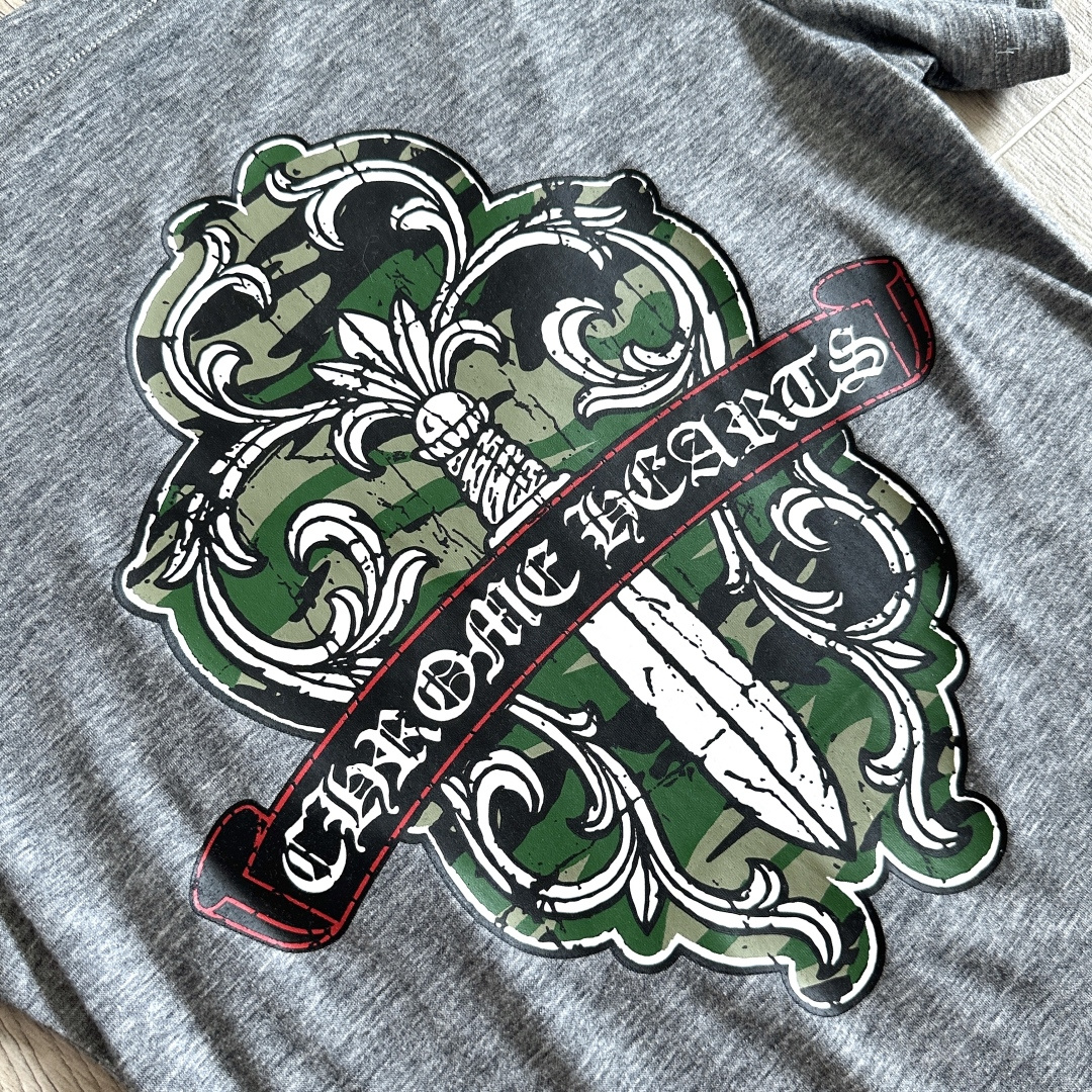 Chrome Hearts CH 女款 克罗心V领修身  短袖 T恤 藤蔓十字架  浅灰色