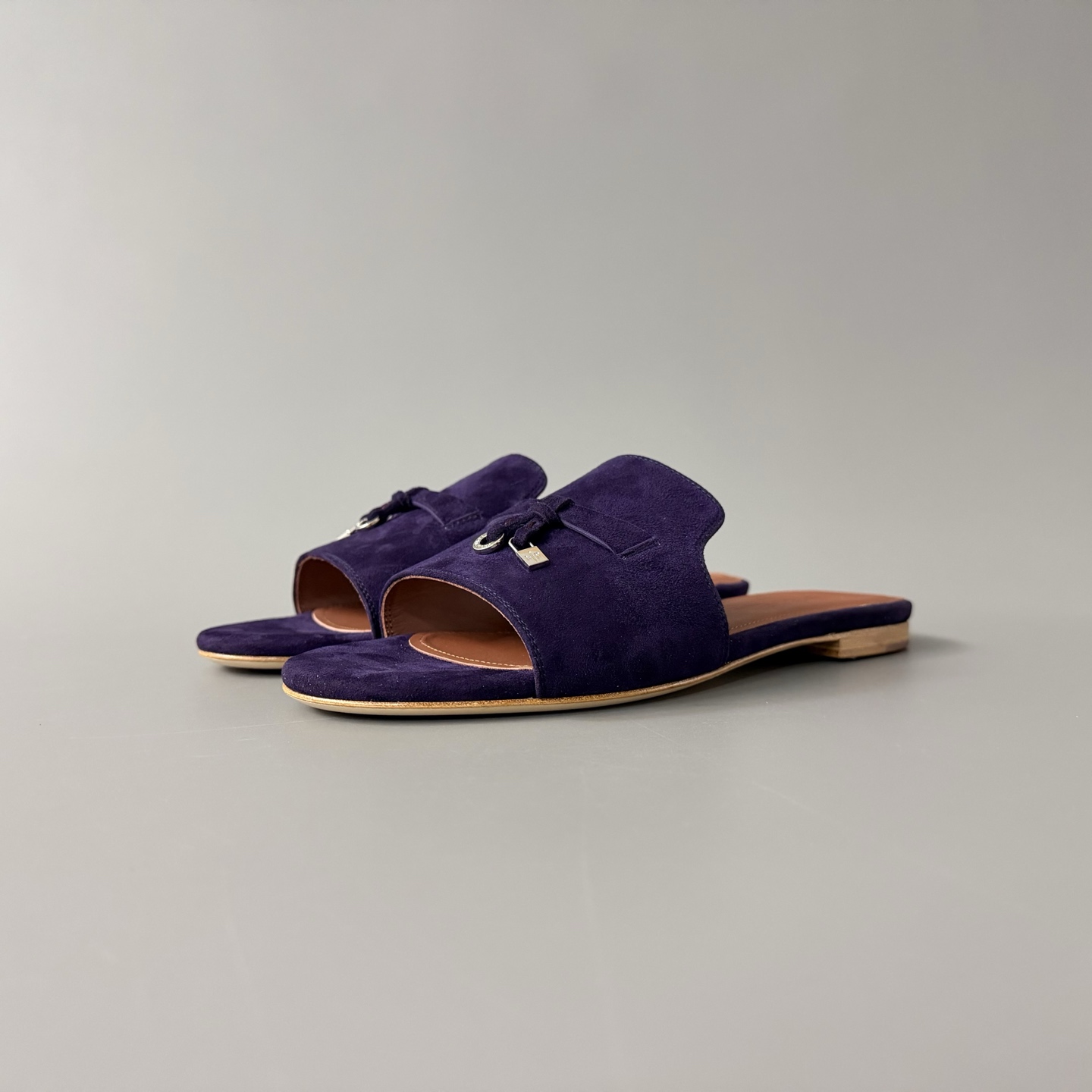 Women's LP Loro Piana Summer Charms Open-Toe Slip-On Slides with Pendant Detail