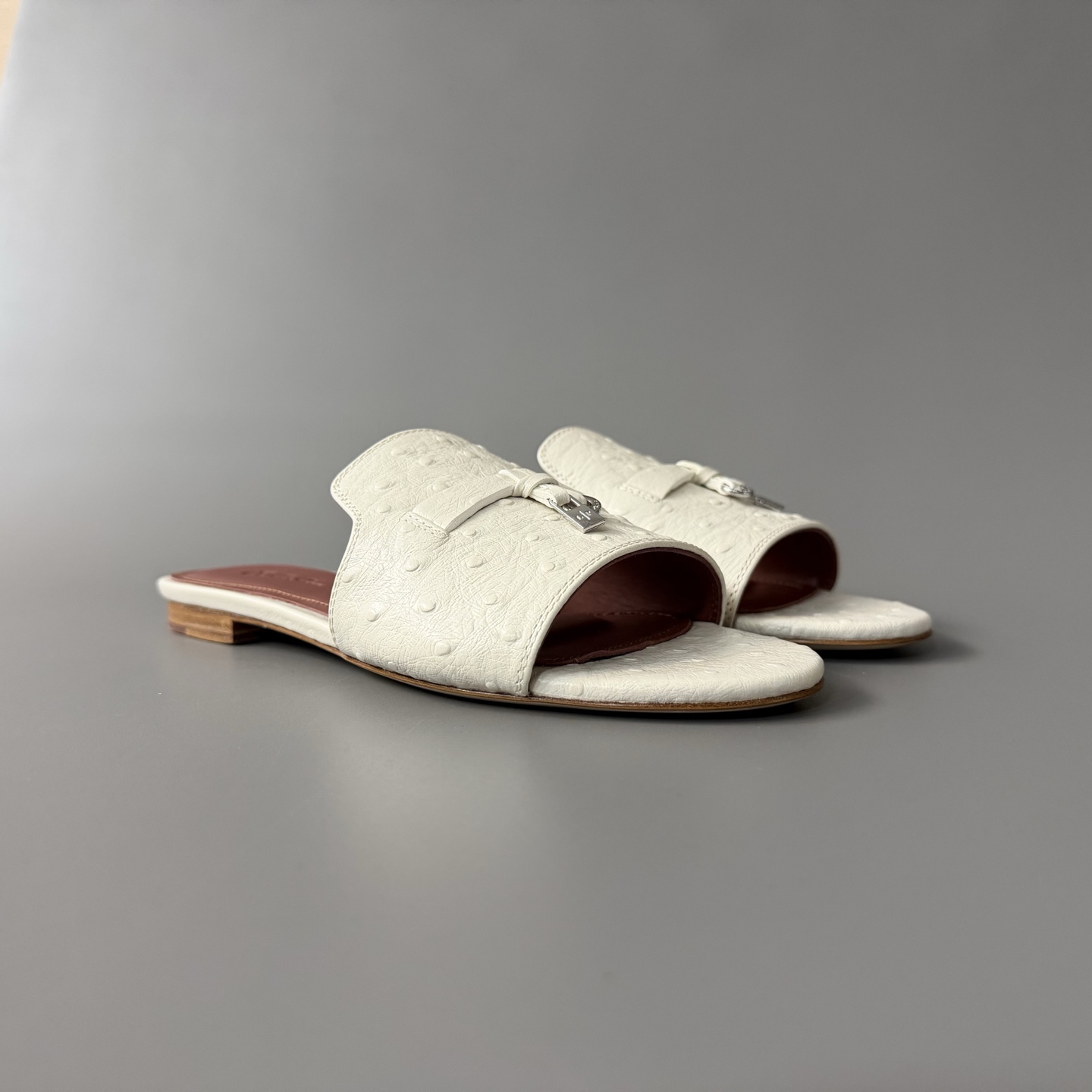 Women's LP Loro Piana Summer Charms Open-Toe Slip-On Slides with Pendant Detail