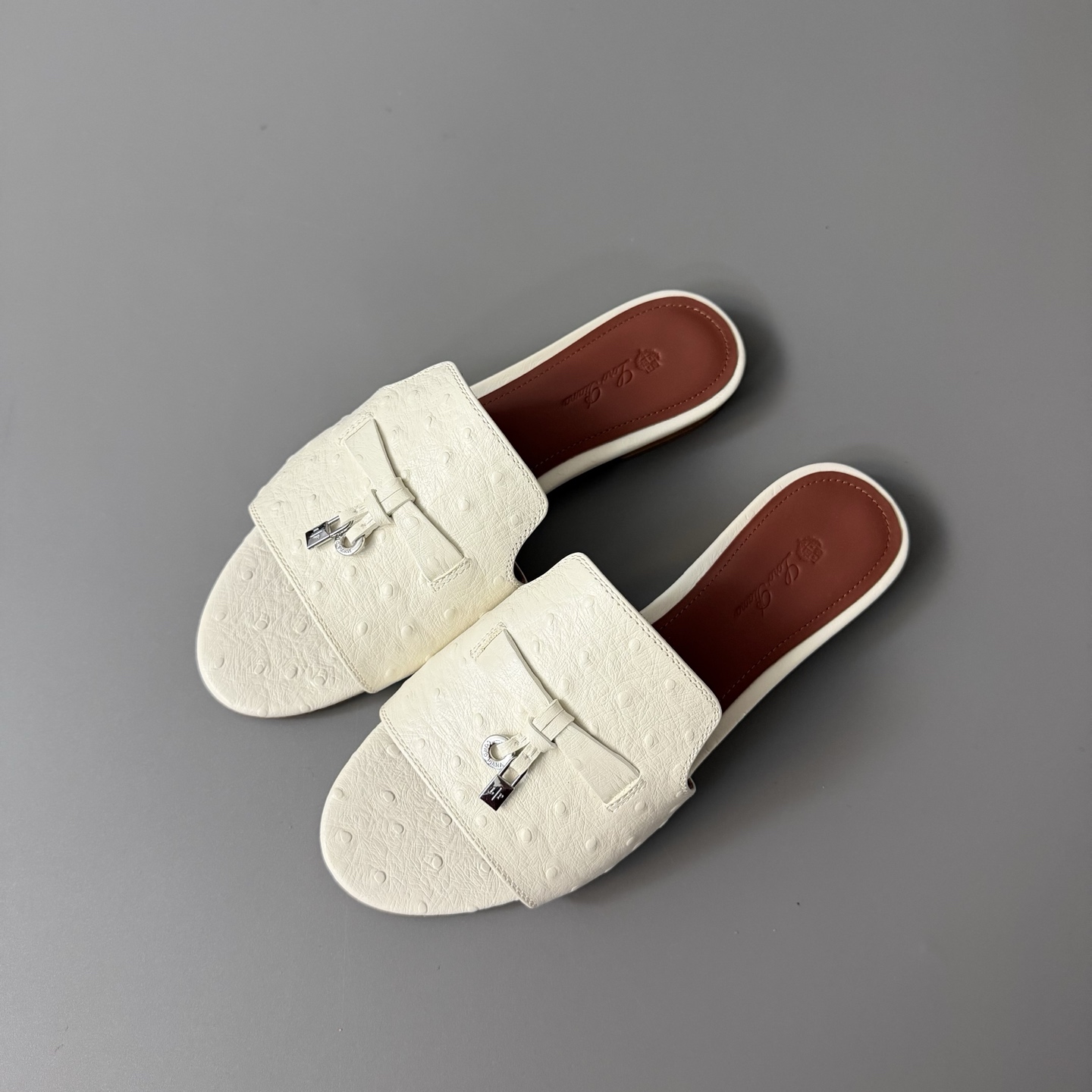 Women's LP Loro Piana Summer Charms Open-Toe Slip-On Slides with Pendant Detail