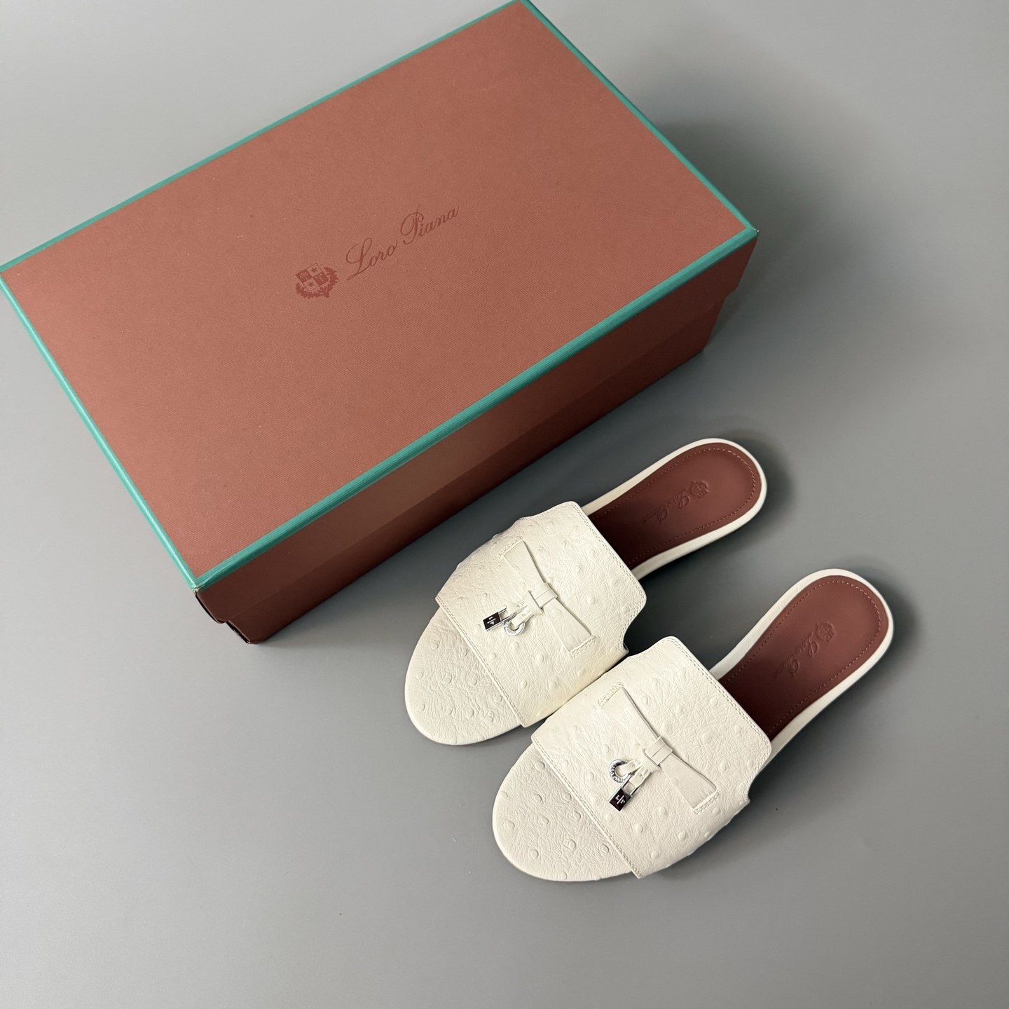 Women's LP Loro Piana Summer Charms Open-Toe Slip-On Slides with Pendant Detail