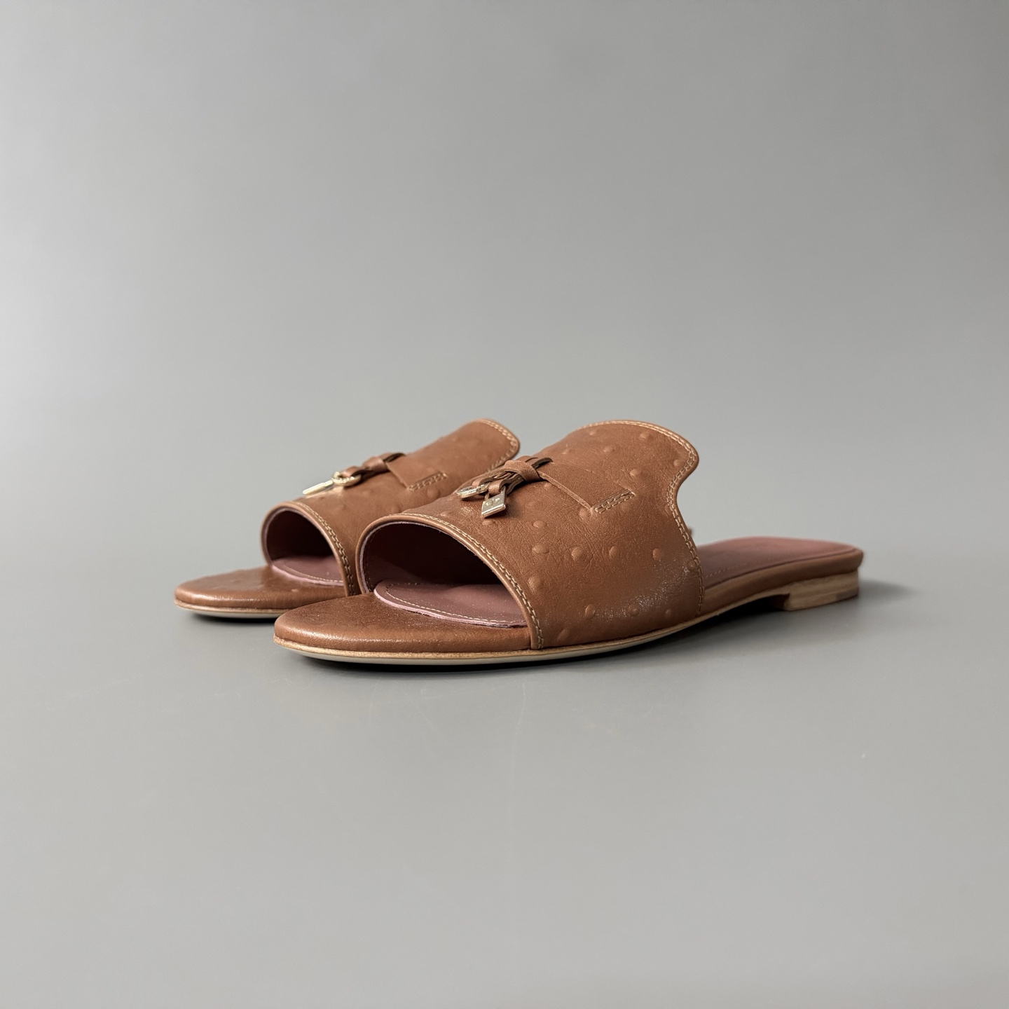 Women's LP Loro Piana Summer Charms Open-Toe Slip-On Slides with Pendant Detail