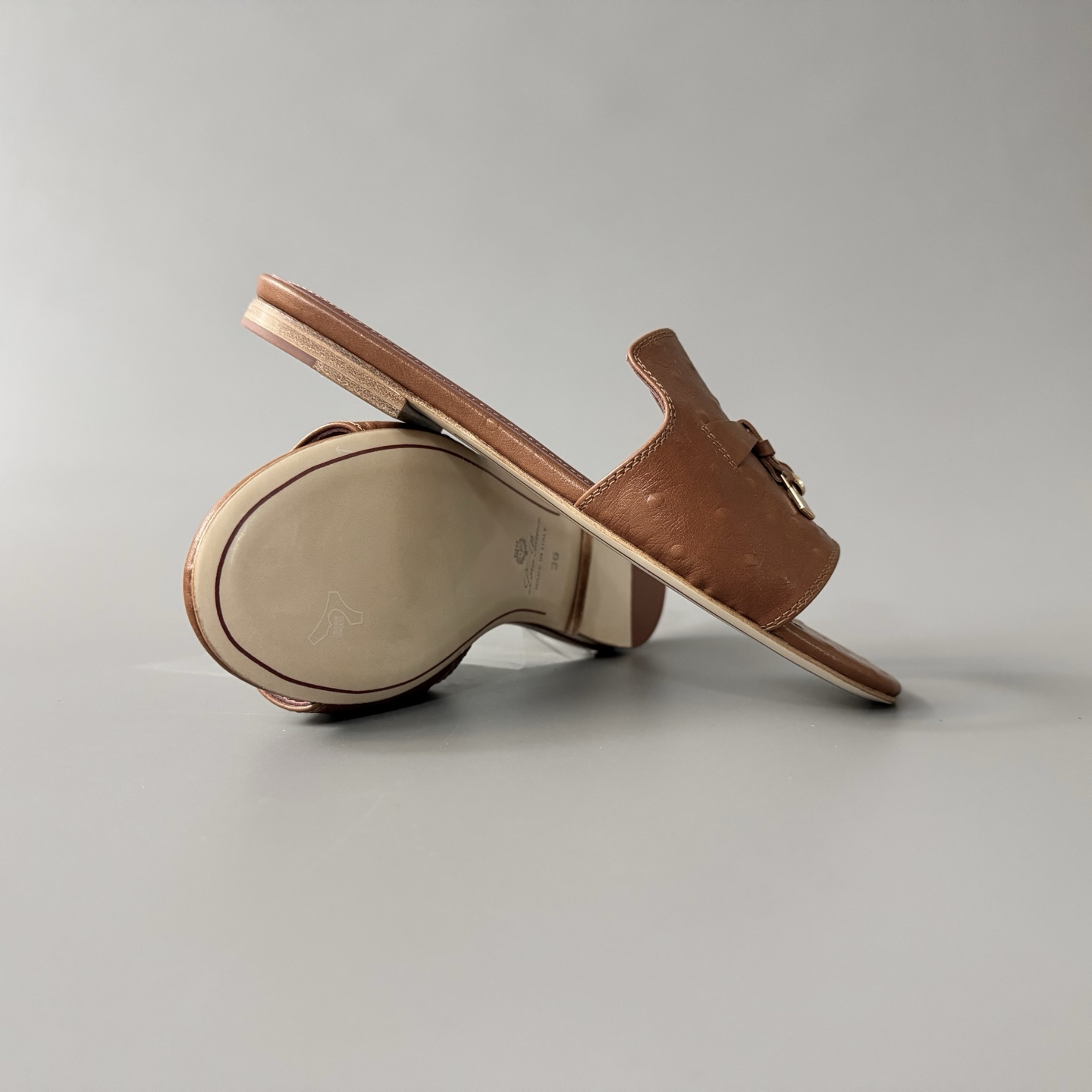 Women's LP Loro Piana Summer Charms Open-Toe Slip-On Slides with Pendant Detail