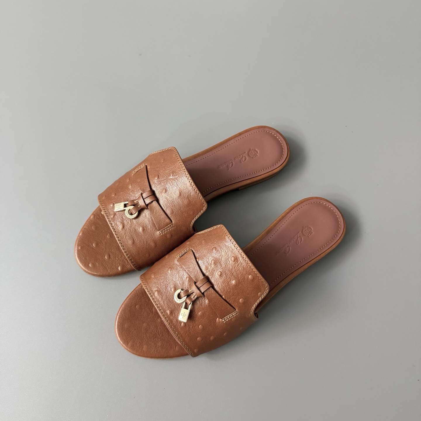 Women's LP Loro Piana Summer Charms Open-Toe Slip-On Slides with Pendant Detail