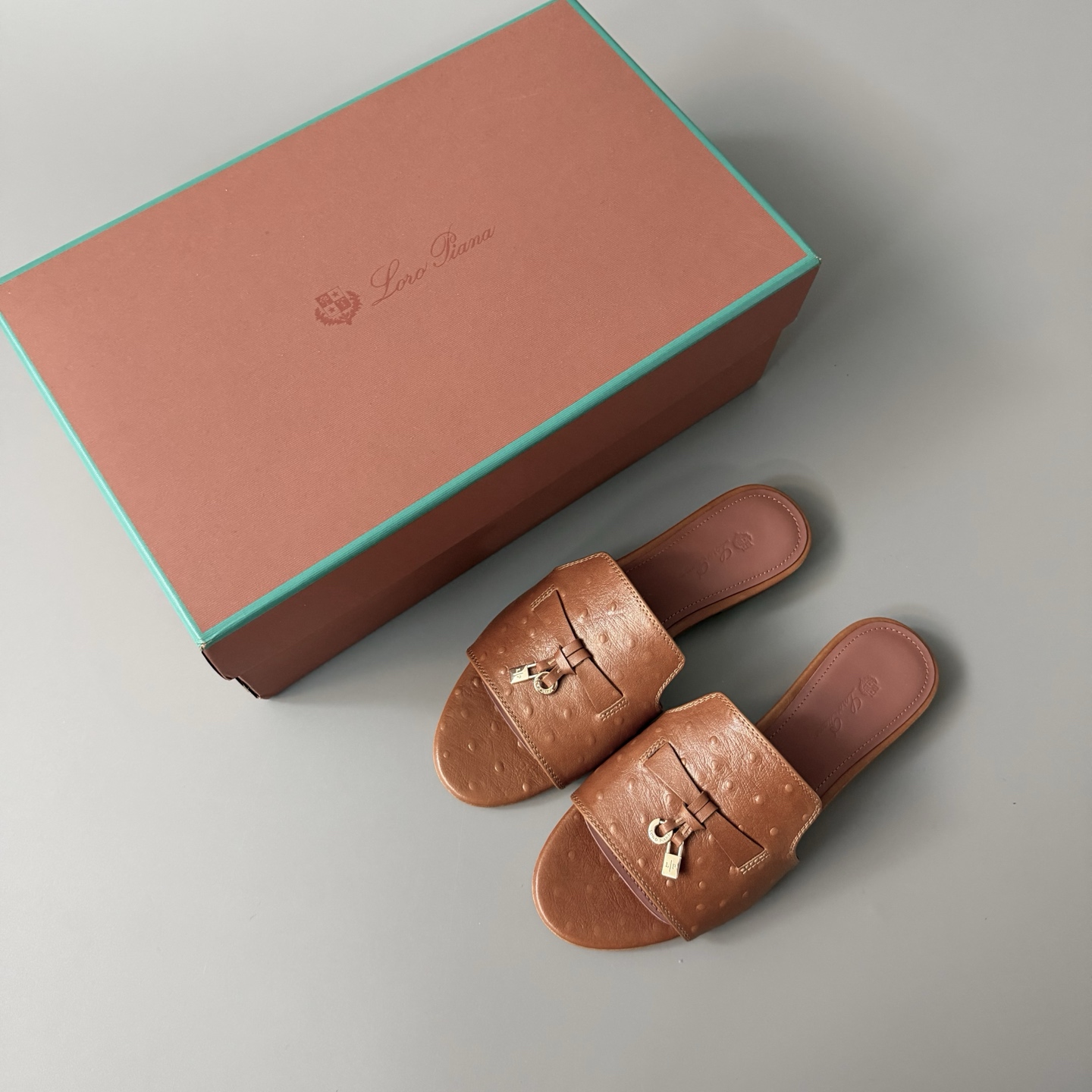 Women's LP Loro Piana Summer Charms Open-Toe Slip-On Slides with Pendant Detail