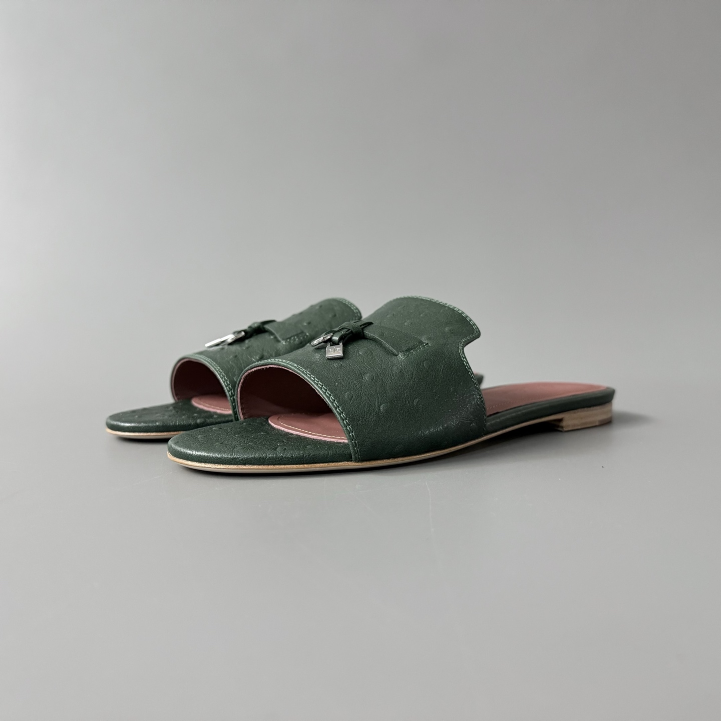 Women's LP Loro Piana Summer Charms Open-Toe Slip-On Slides with Pendant Detail