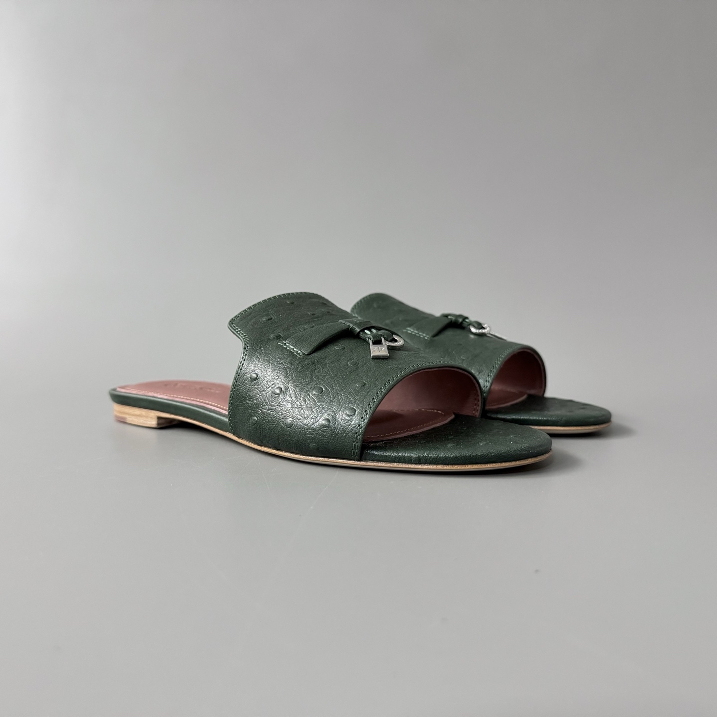 Women's LP Loro Piana Summer Charms Open-Toe Slip-On Slides with Pendant Detail