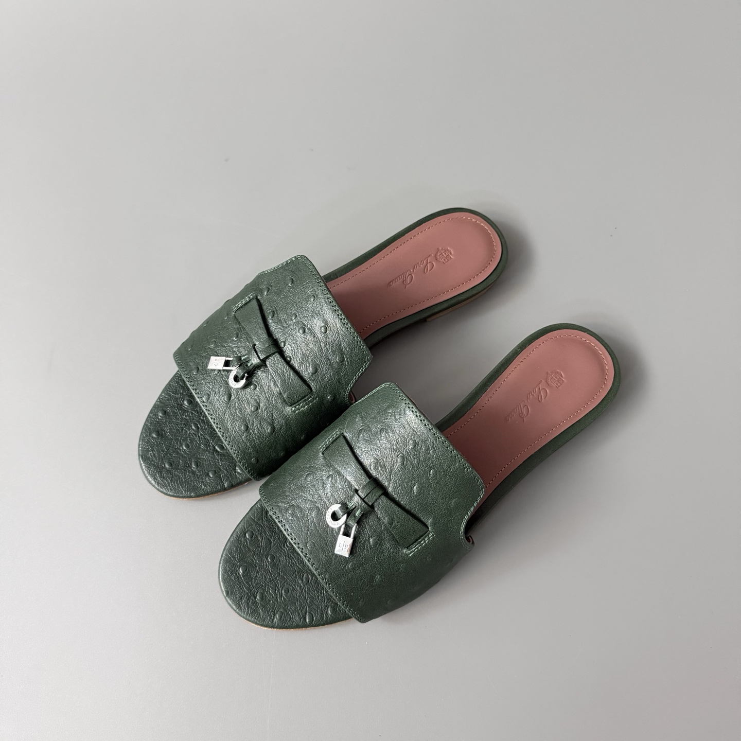Women's LP Loro Piana Summer Charms Open-Toe Slip-On Slides with Pendant Detail