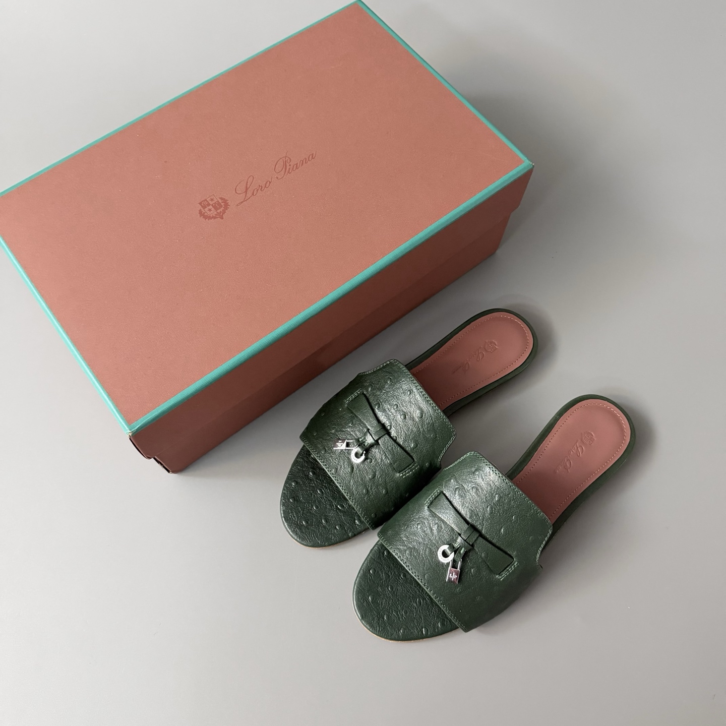 Women's LP Loro Piana Summer Charms Open-Toe Slip-On Slides with Pendant Detail