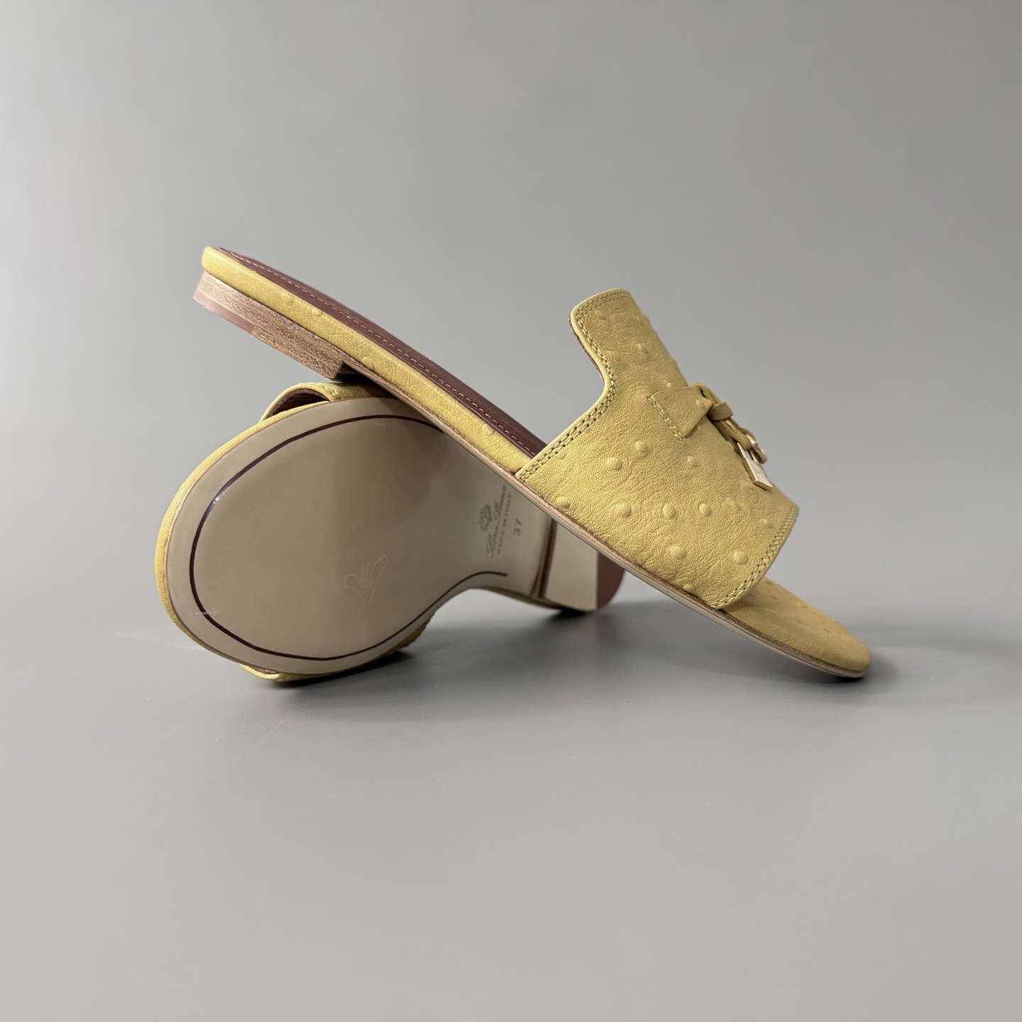 Women's LP Loro Piana Summer Charms Open-Toe Slip-On Slides with Pendant Detail