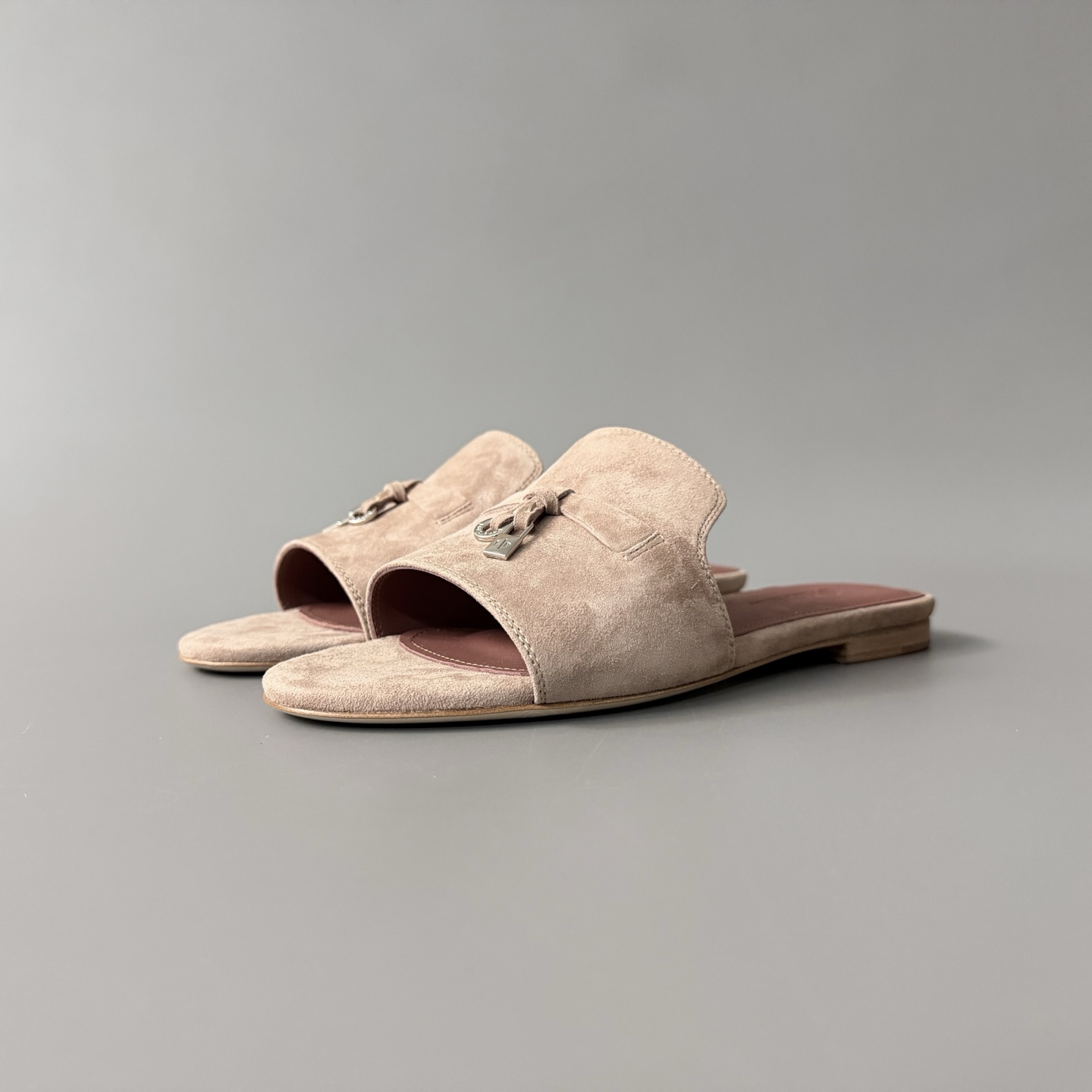 Women's LP Loro Piana Summer Charms Open-Toe Slip-On Slides with Pendant Detail