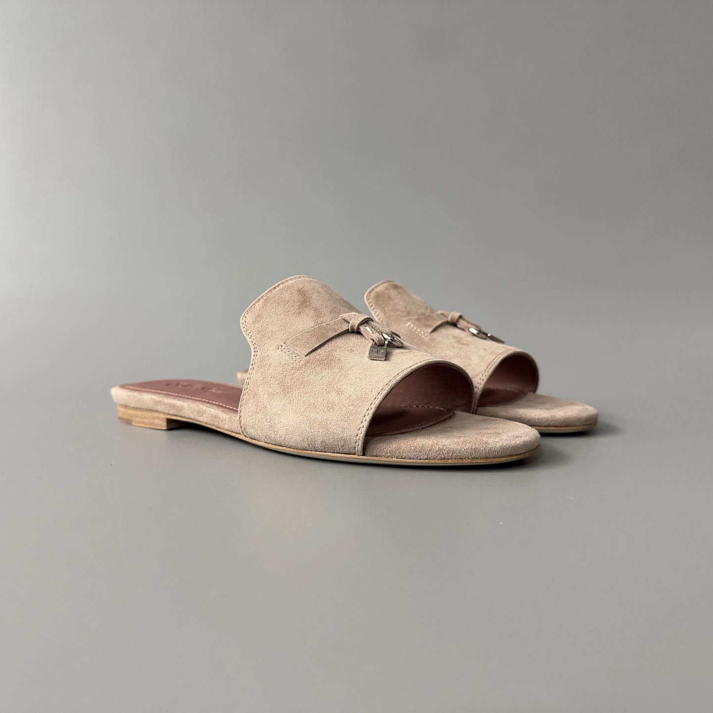 Women's LP Loro Piana Summer Charms Open-Toe Slip-On Slides with Pendant Detail