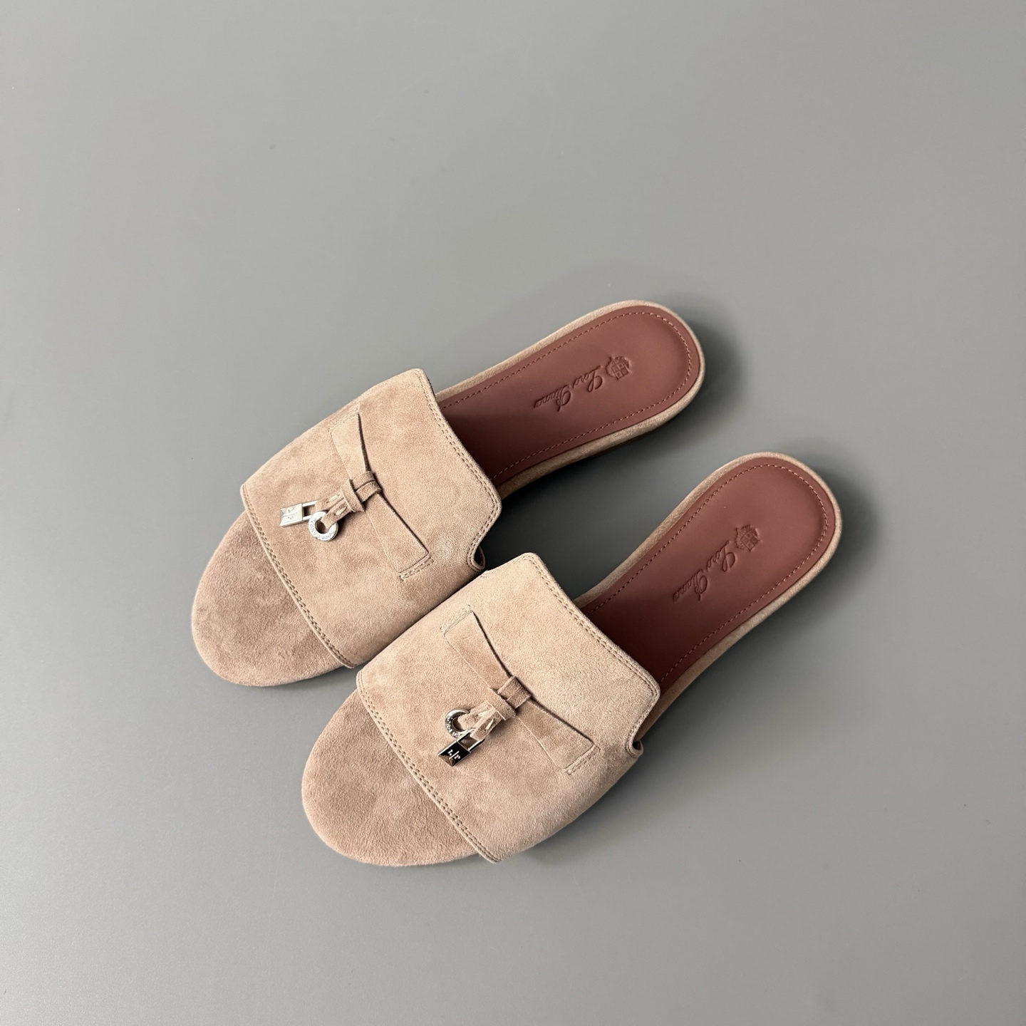 Women's LP Loro Piana Summer Charms Open-Toe Slip-On Slides with Pendant Detail