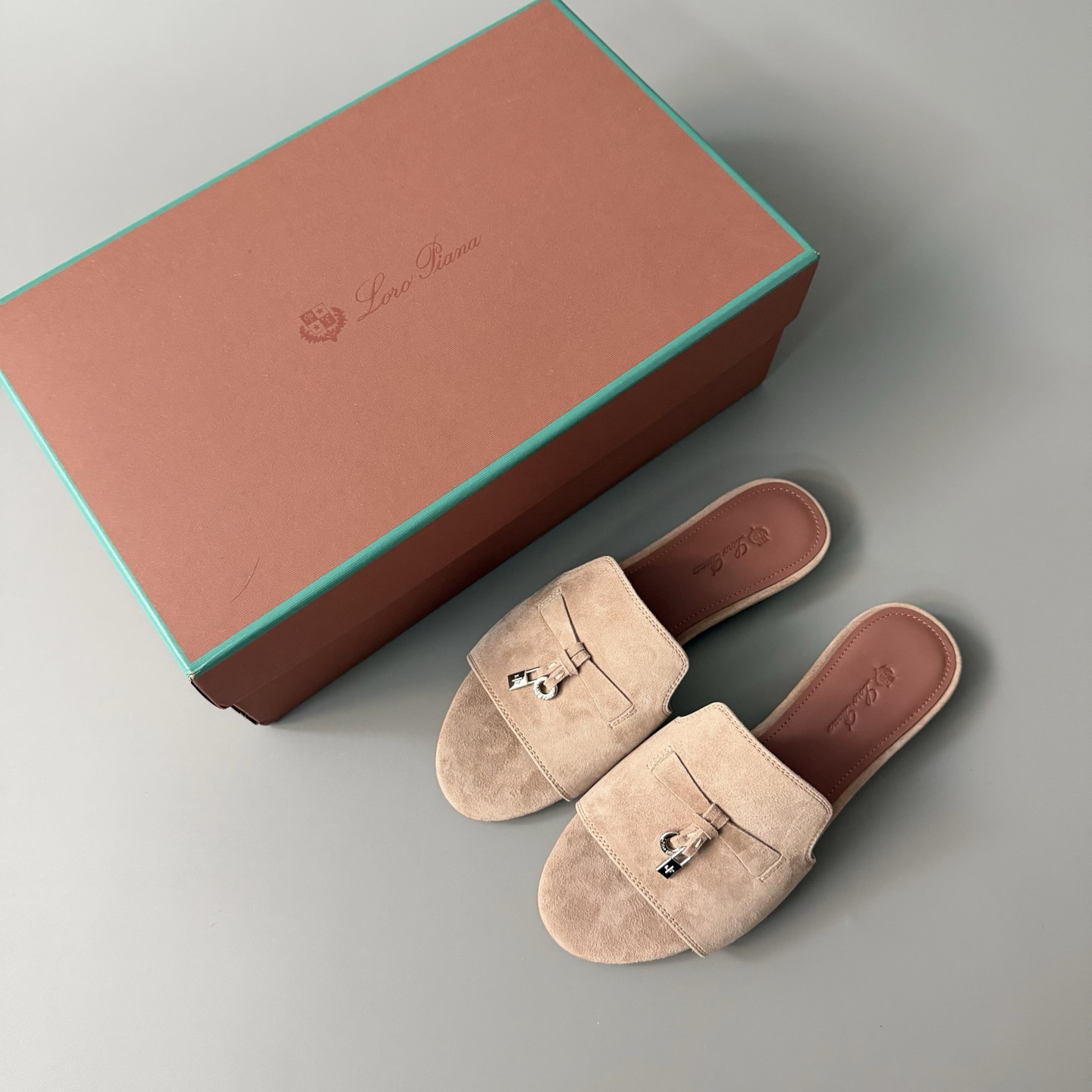 Women's LP Loro Piana Summer Charms Open-Toe Slip-On Slides with Pendant Detail