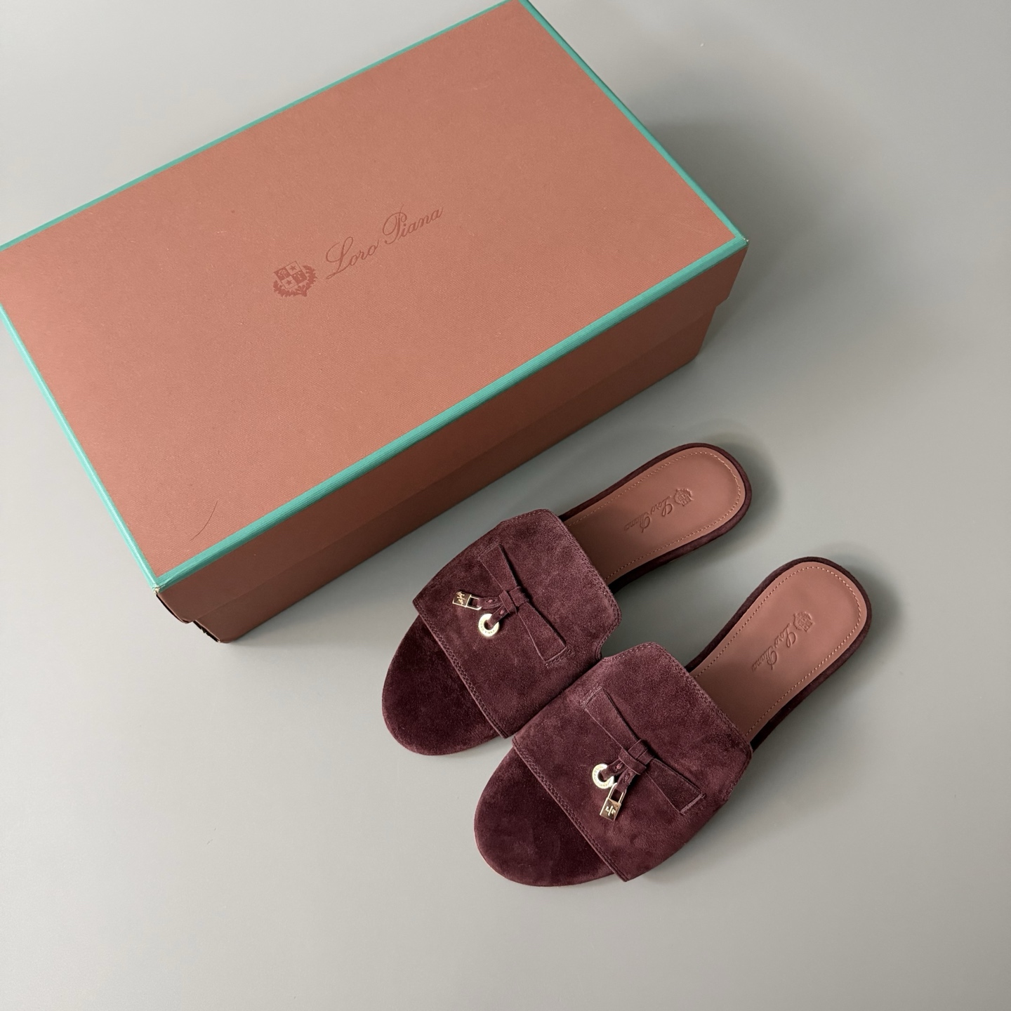 Women's LP Loro Piana Summer Charms Open-Toe Slip-On Slides with Pendant Detail