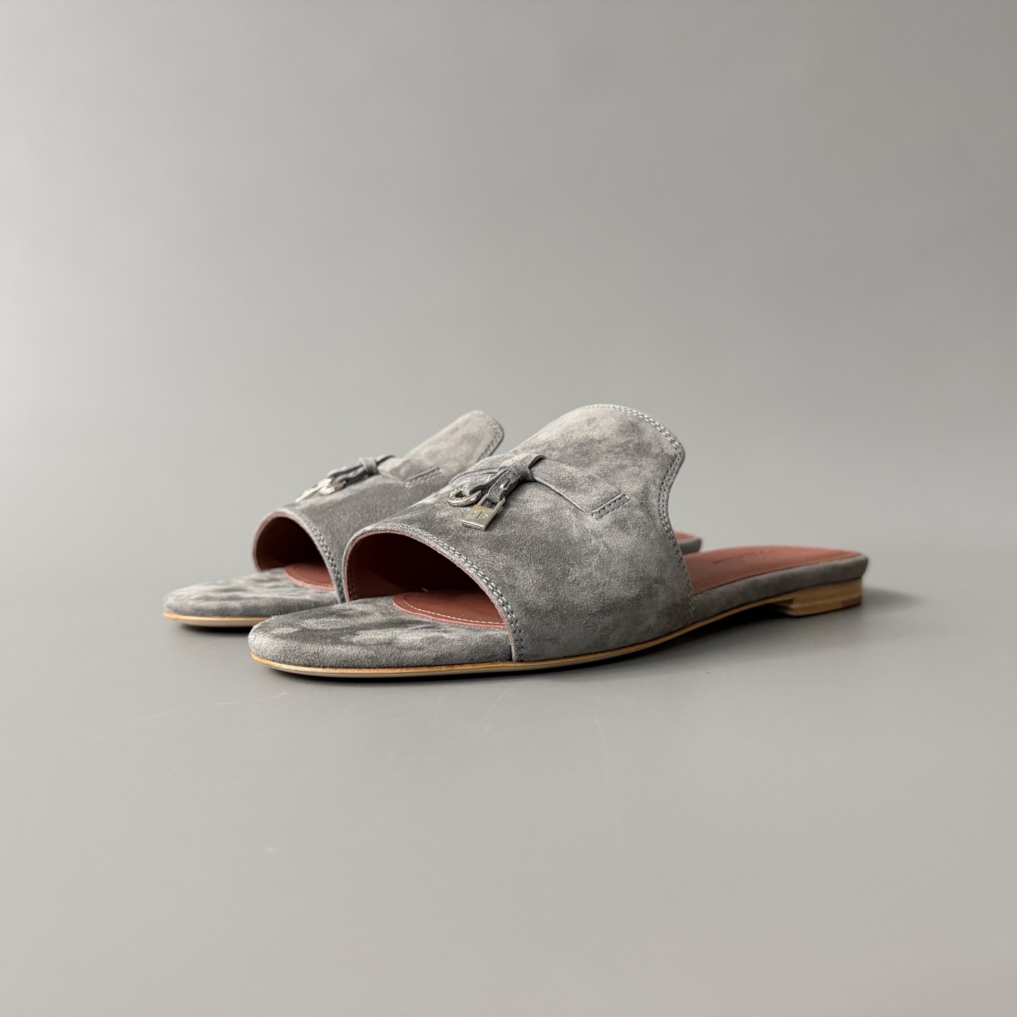 Women's LP Loro Piana Summer Charms Open-Toe Slip-On Slides with Pendant Detail