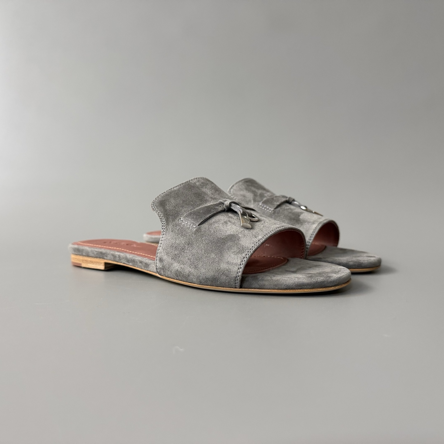 Women's LP Loro Piana Summer Charms Open-Toe Slip-On Slides with Pendant Detail