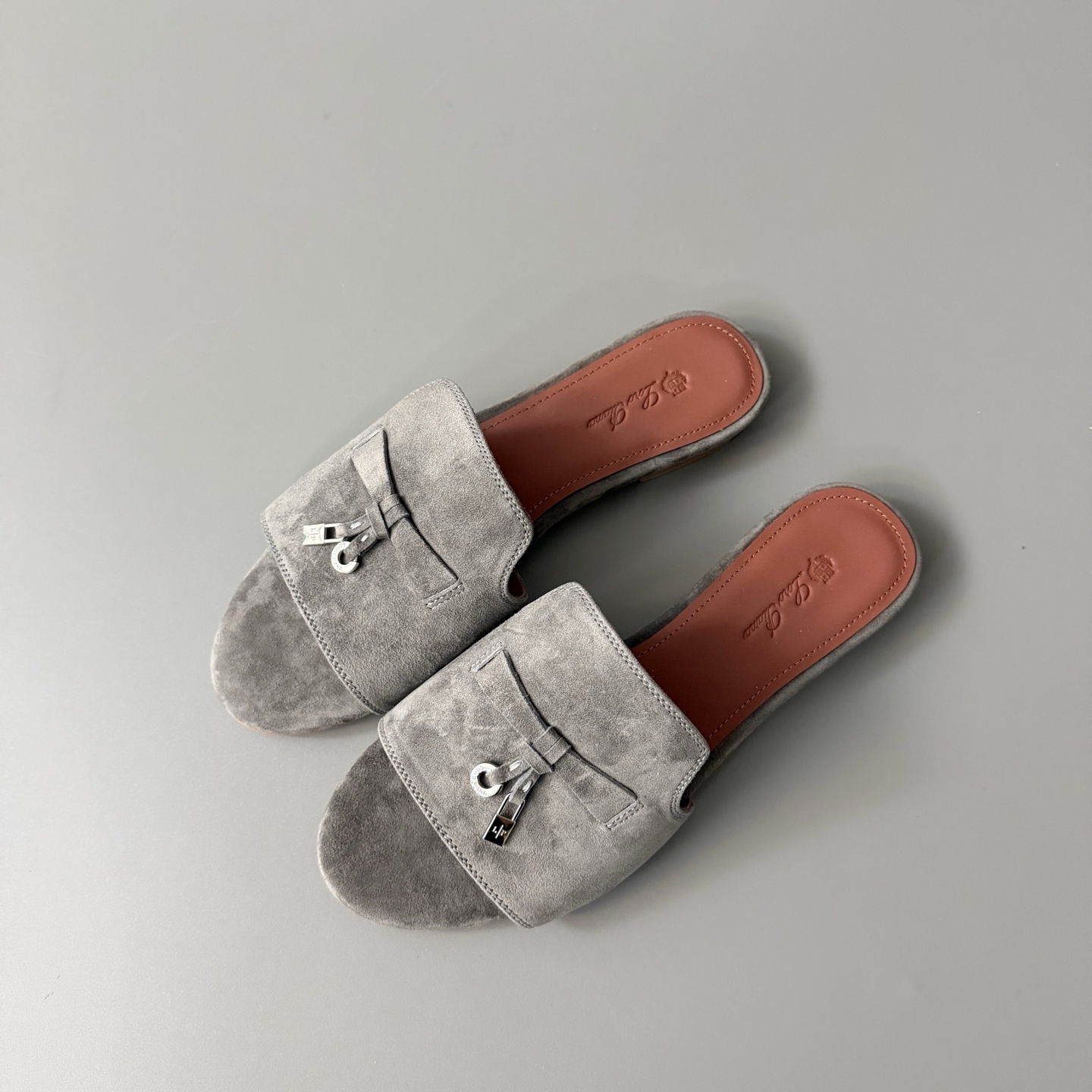 Women's LP Loro Piana Summer Charms Open-Toe Slip-On Slides with Pendant Detail