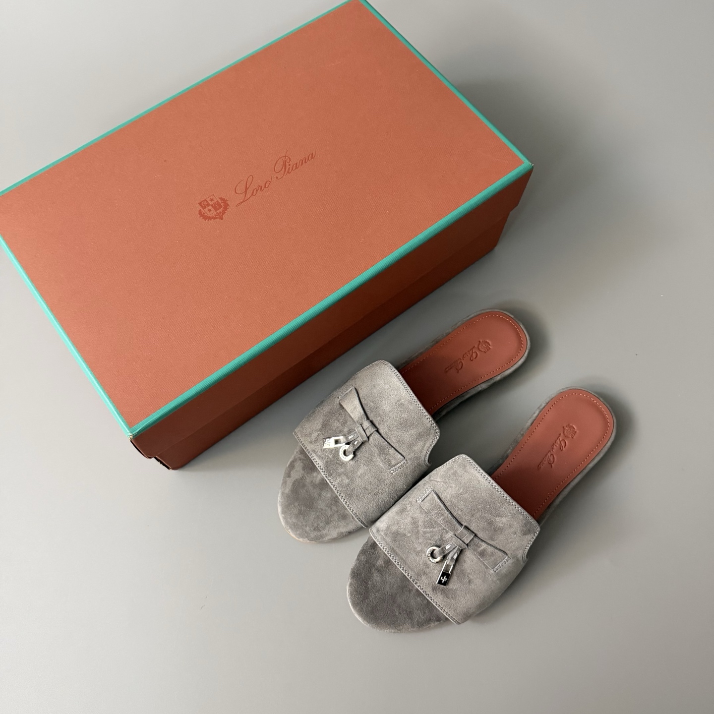 Women's LP Loro Piana Summer Charms Open-Toe Slip-On Slides with Pendant Detail