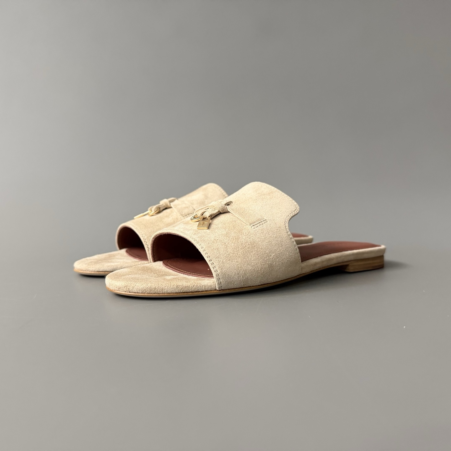 Women's LP Loro Piana Summer Charms Open-Toe Slip-On Slides with Pendant Detail
