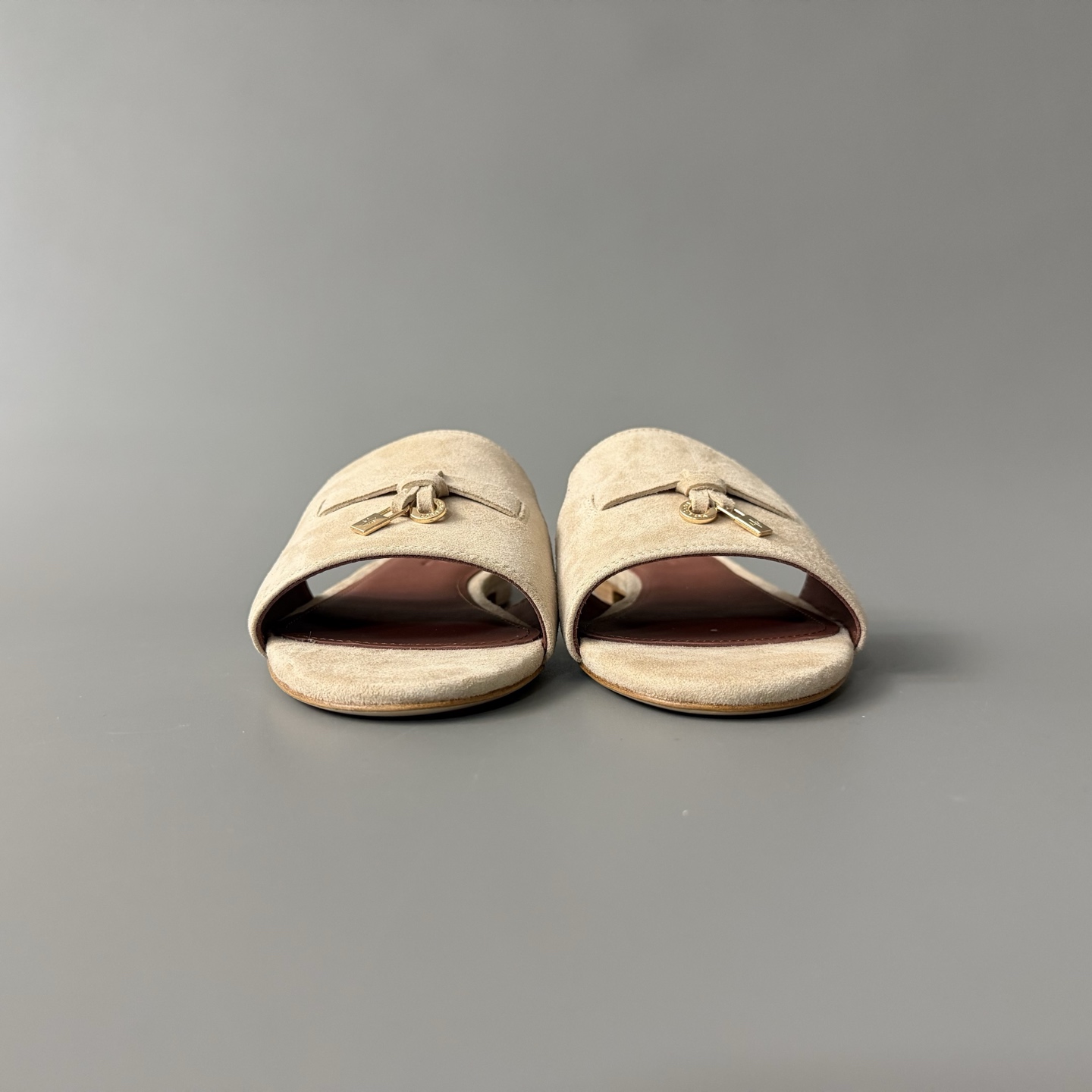 Women's LP Loro Piana Summer Charms Open-Toe Slip-On Slides with Pendant Detail