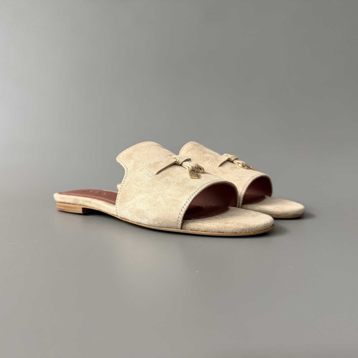 Women's LP Loro Piana Summer Charms Open-Toe Slip-On Slides with Pendant Detail