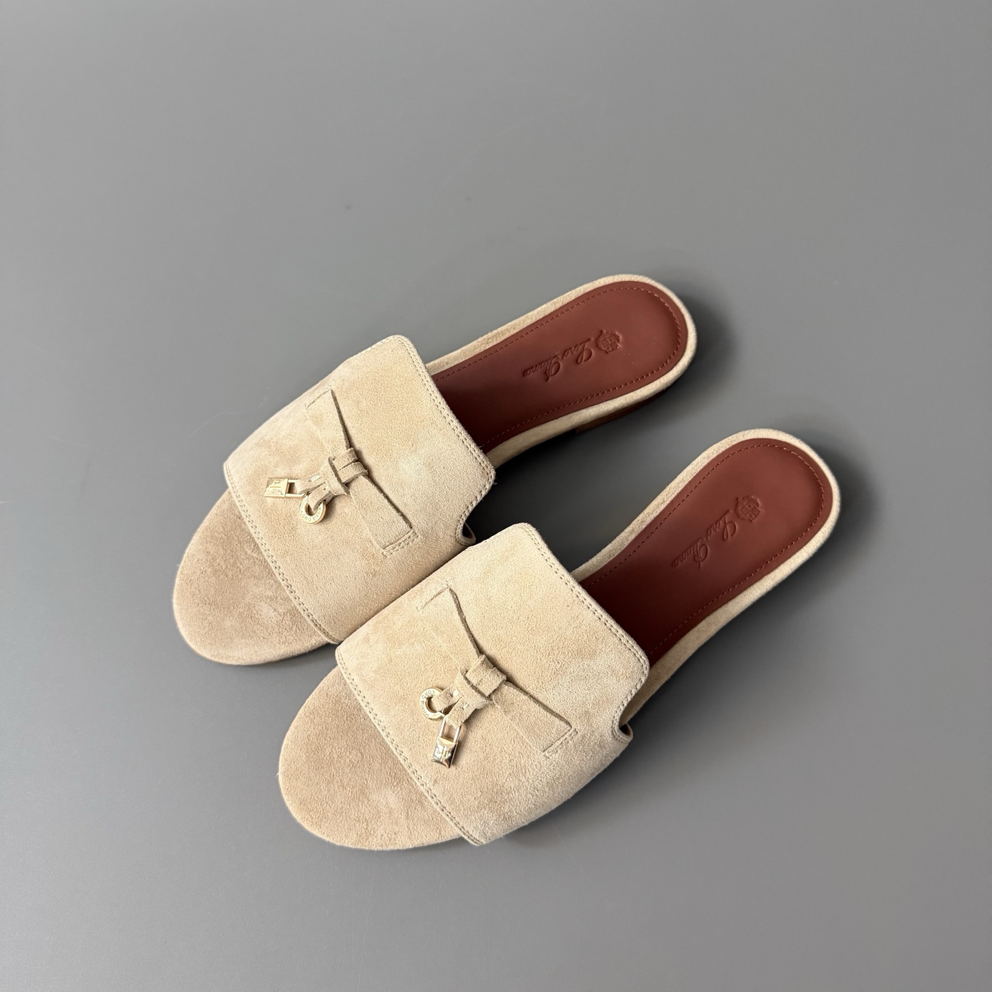 Women's LP Loro Piana Summer Charms Open-Toe Slip-On Slides with Pendant Detail