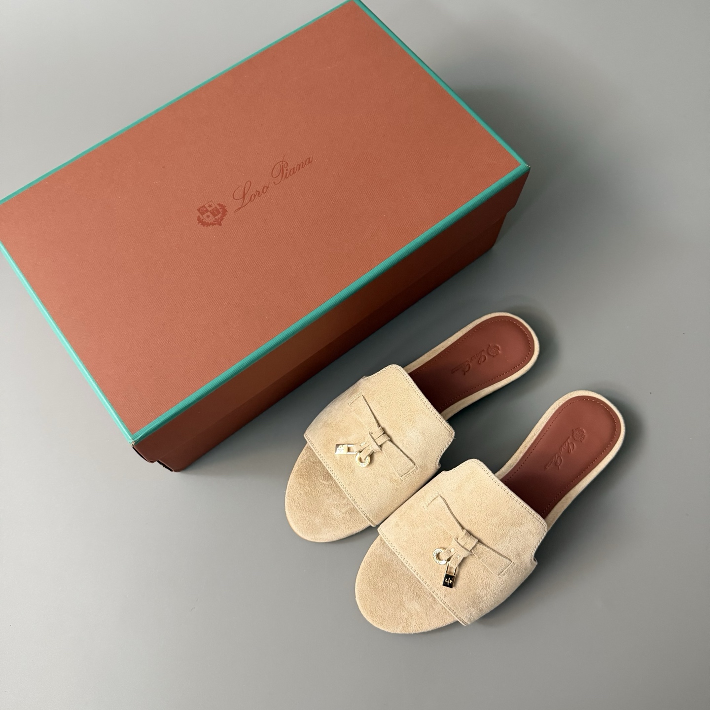 Women's LP Loro Piana Summer Charms Open-Toe Slip-On Slides with Pendant Detail