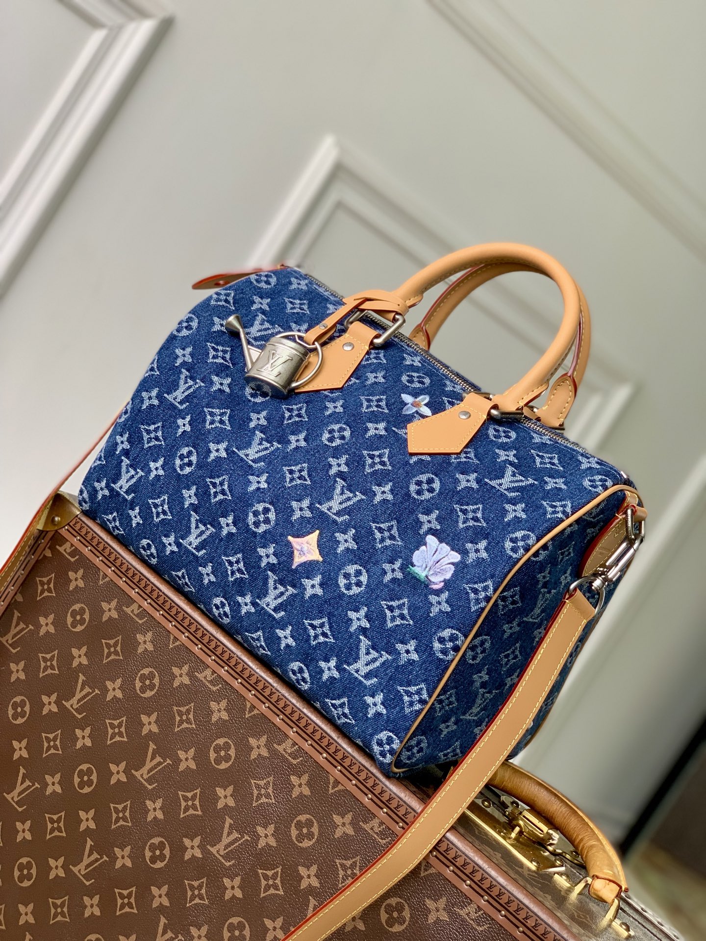LOUIS VUITTON 路易威登 LV Speedy P9 30 可拆卸肩带 LV牛皮革 斜挎包 单肩包 双肩包 水桶 手提包  丹宁 M27556