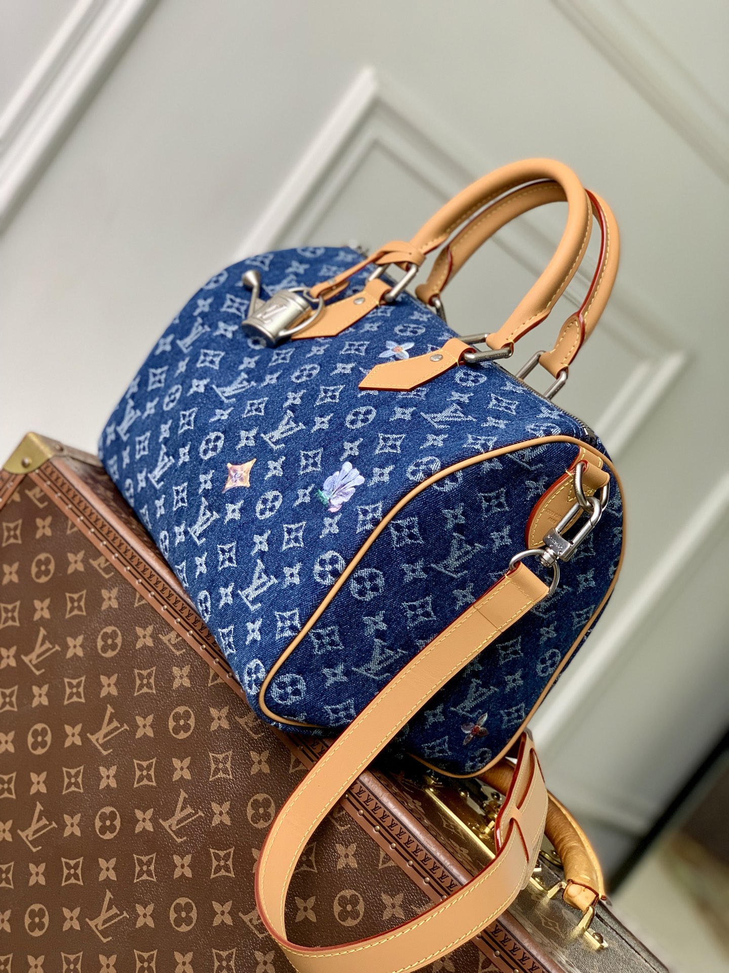 LOUIS VUITTON 路易威登 LV Speedy P9 30 可拆卸肩带 LV牛皮革 斜挎包 单肩包 双肩包 水桶 手提包  丹宁 M27556