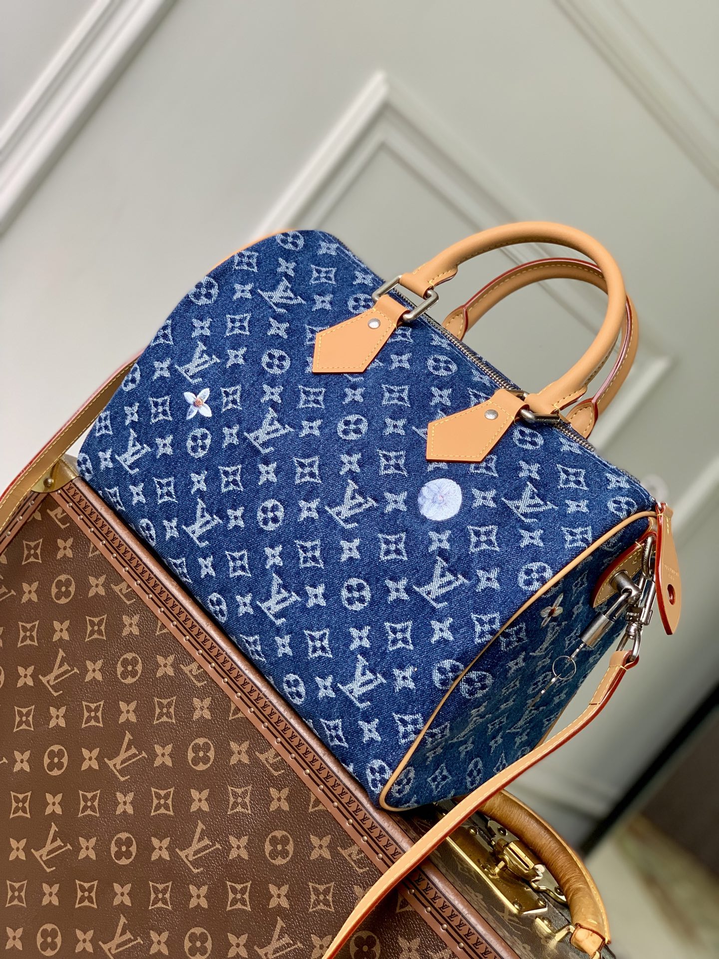 LOUIS VUITTON 路易威登 LV Speedy P9 30 可拆卸肩带 LV牛皮革 斜挎包 单肩包 双肩包 水桶 手提包  丹宁 M27556