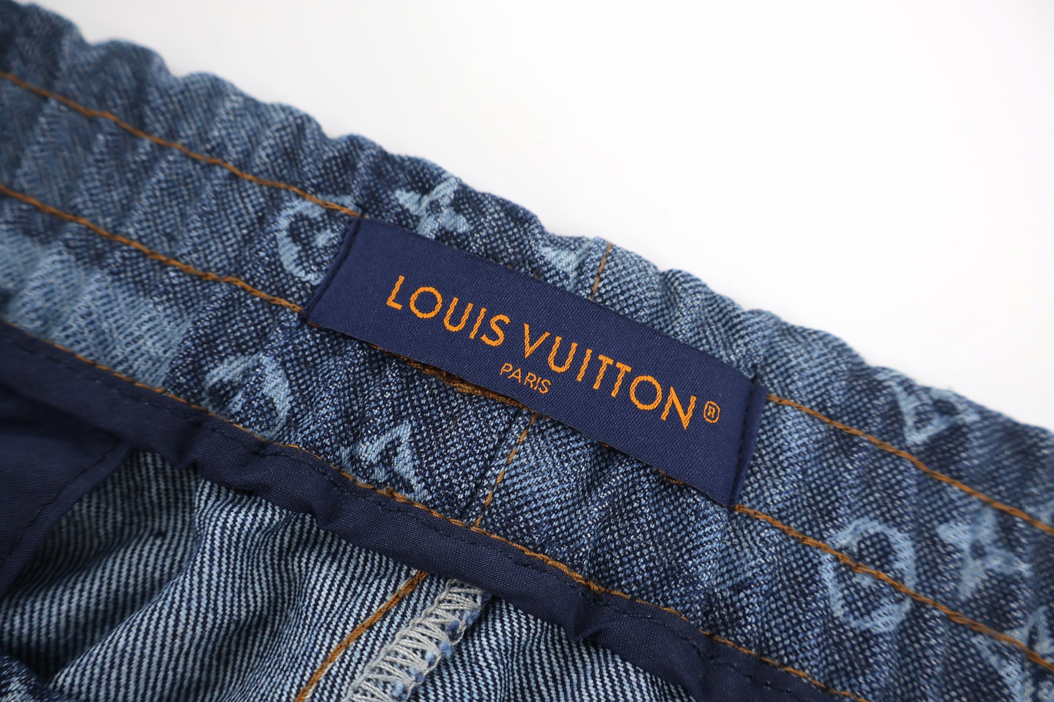 LOUIS VUITTON 路易威登 LV 烧花棋盘格松紧腰牛仔裤 短裤 休闲裤 裤子 蓝色 B0