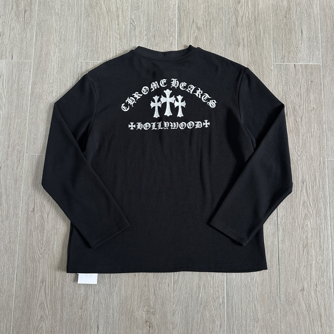 925银 Chrome Hearts CH 克罗心 十字架 刺绣 华夫格 长袖 黑色