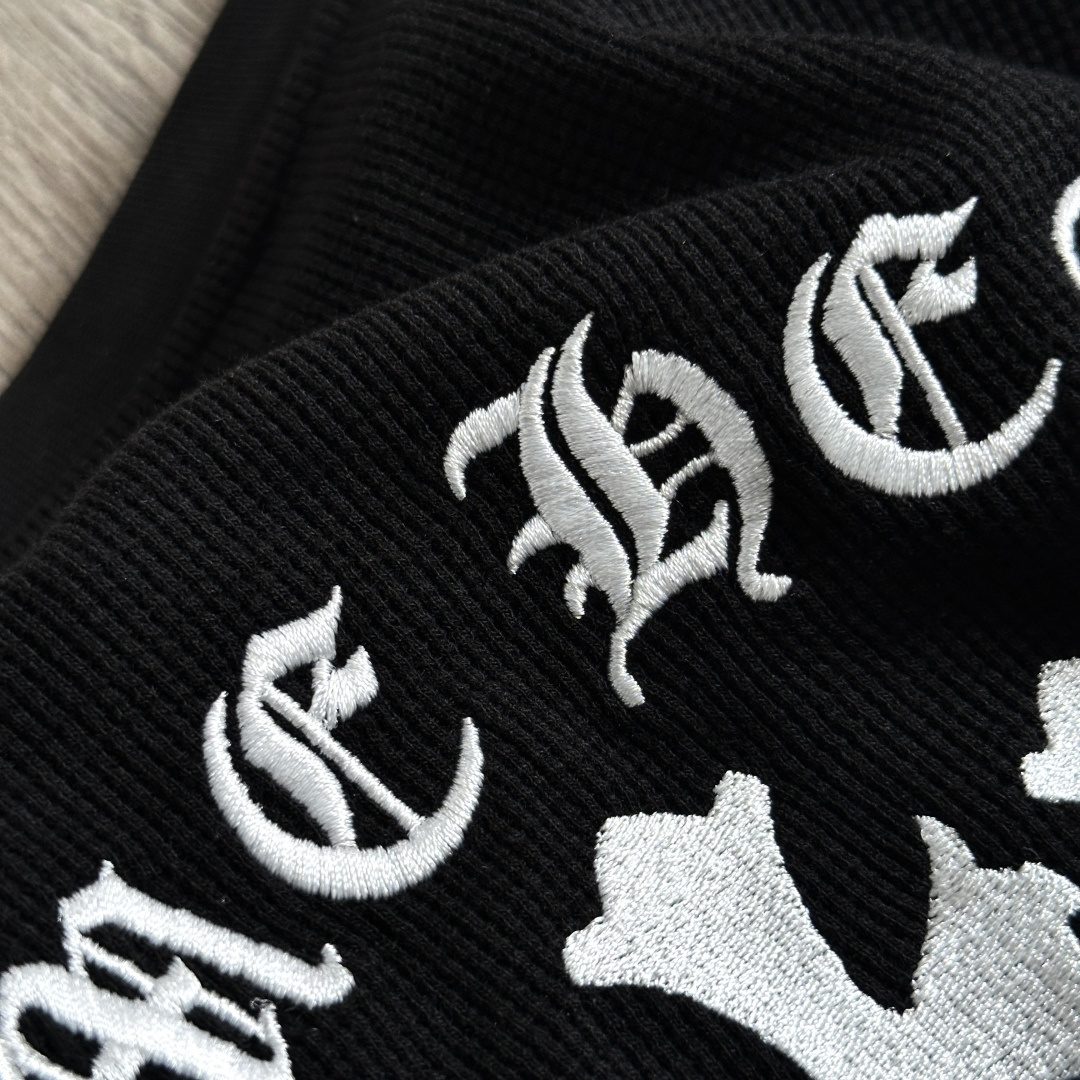925银 Chrome Hearts CH 克罗心 十字架 刺绣 华夫格 长袖 黑色