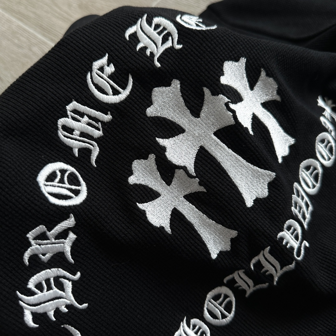 925银 Chrome Hearts CH 克罗心 十字架 刺绣 华夫格 长袖 黑色