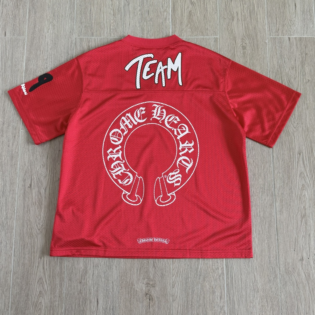 Chrome Hearts CH 克罗心 夏季 网眼冰球服 闪粉效果 短袖V领 红色