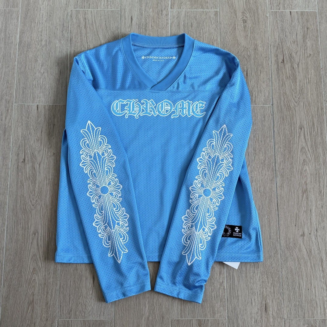 Chrome Hearts CH 克罗心 夏季 网眼冰球服 闪粉效果 长袖 V领 蓝色