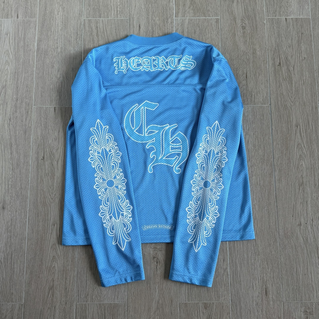 Chrome Hearts CH 克罗心 夏季 网眼冰球服 闪粉效果 长袖 V领 蓝色
