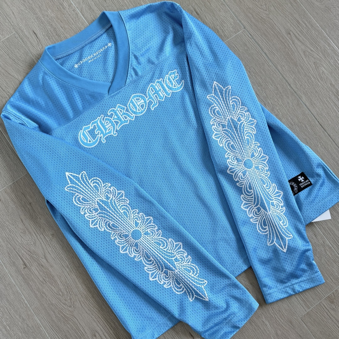 Chrome Hearts CH 克罗心 夏季 网眼冰球服 闪粉效果 长袖 V领 蓝色