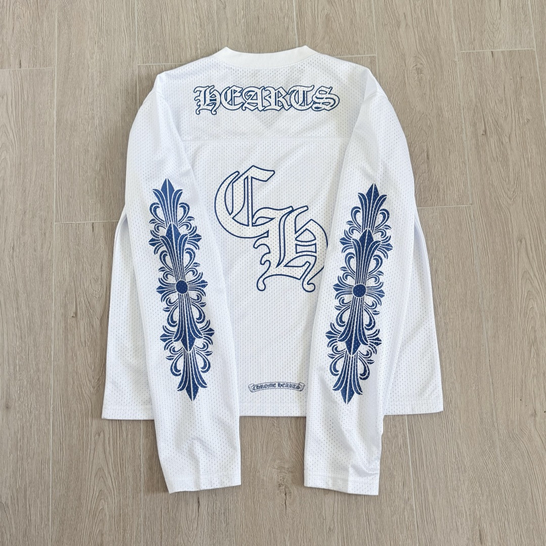 Chrome Hearts CH 克罗心 夏季 网眼冰球服 闪粉效果 长袖 V领 白色