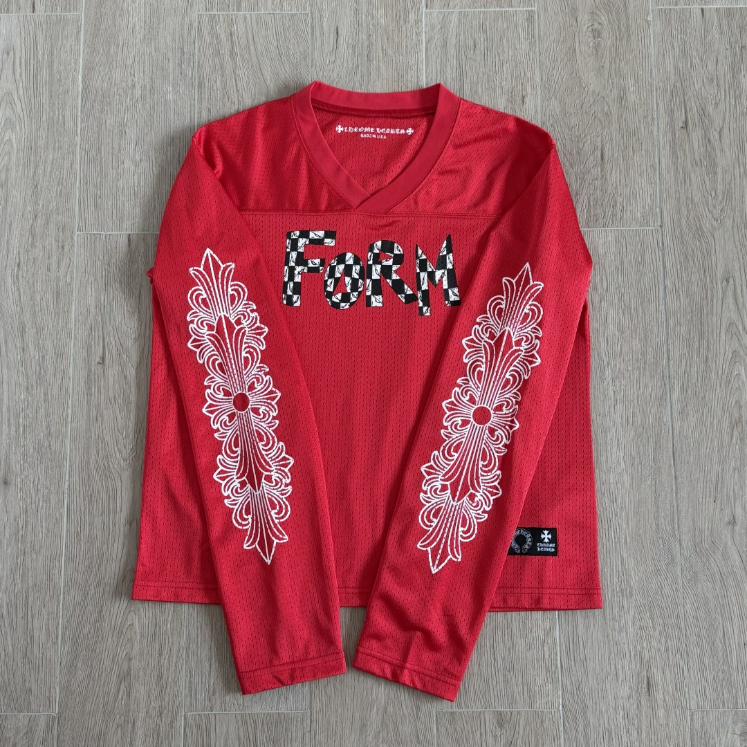 Chrome Hearts CH 克罗心 夏季 网眼冰球服 闪粉效果 长袖 V领 红色