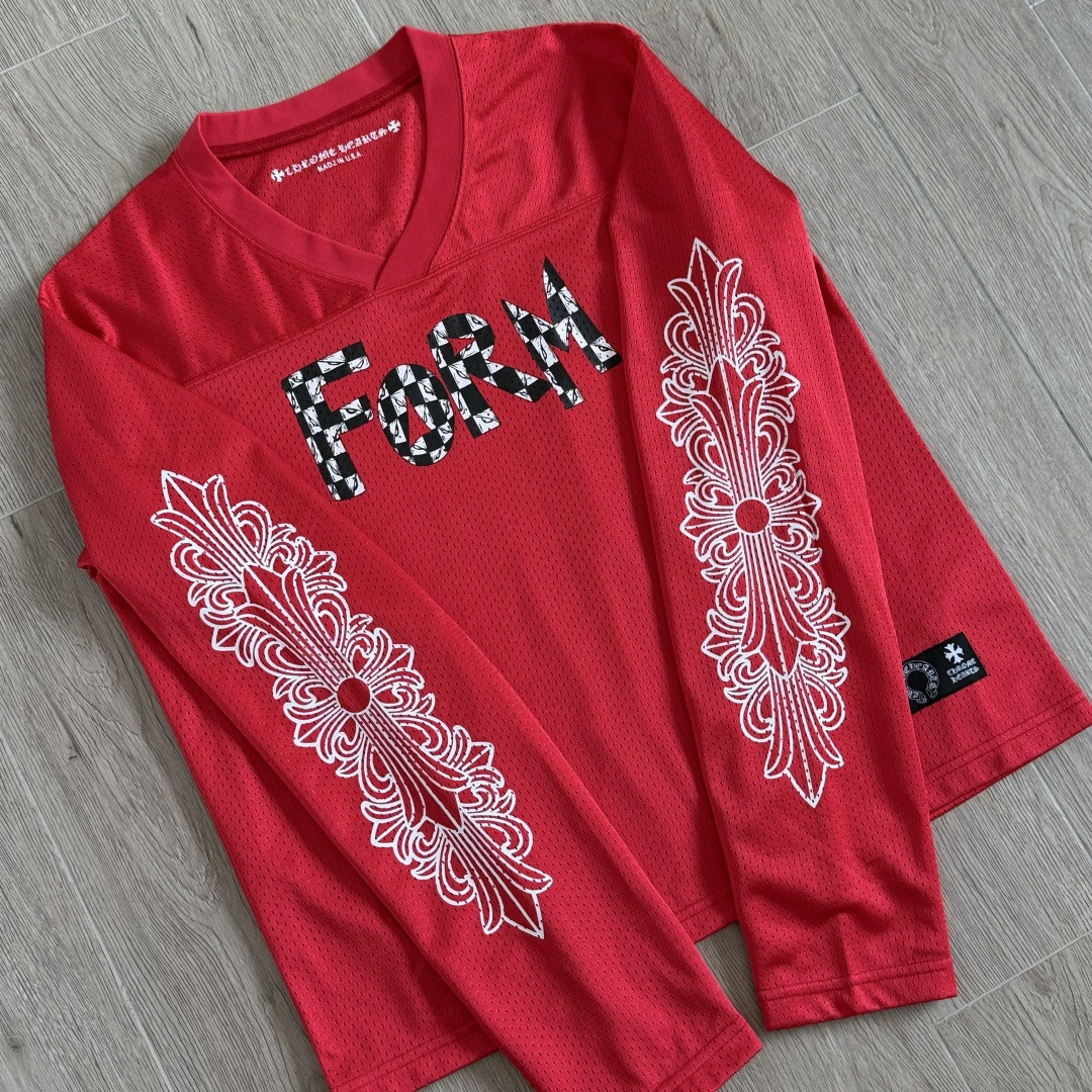 Chrome Hearts CH 克罗心 夏季 网眼冰球服 闪粉效果 长袖 V领 红色