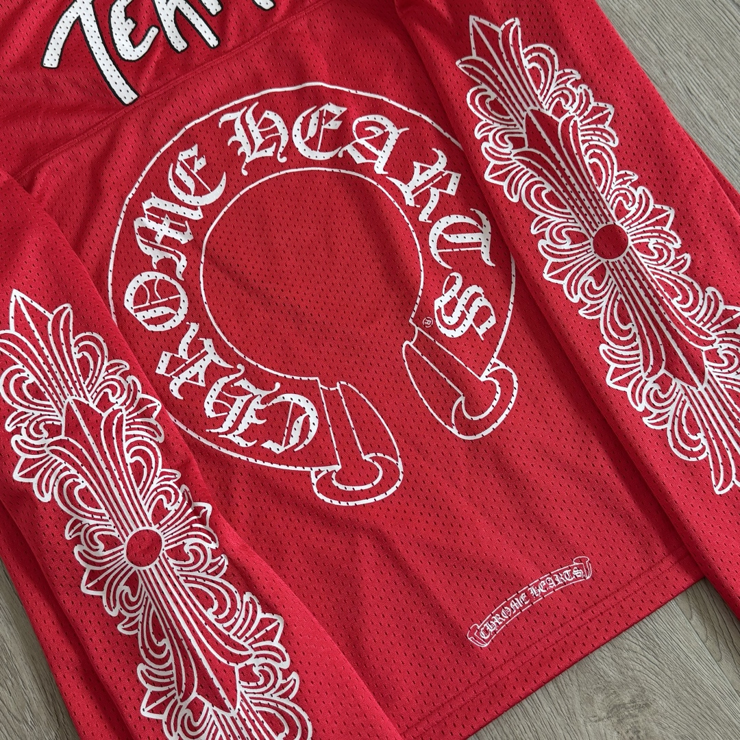 Chrome Hearts CH 克罗心 夏季 网眼冰球服 闪粉效果 长袖 V领 红色