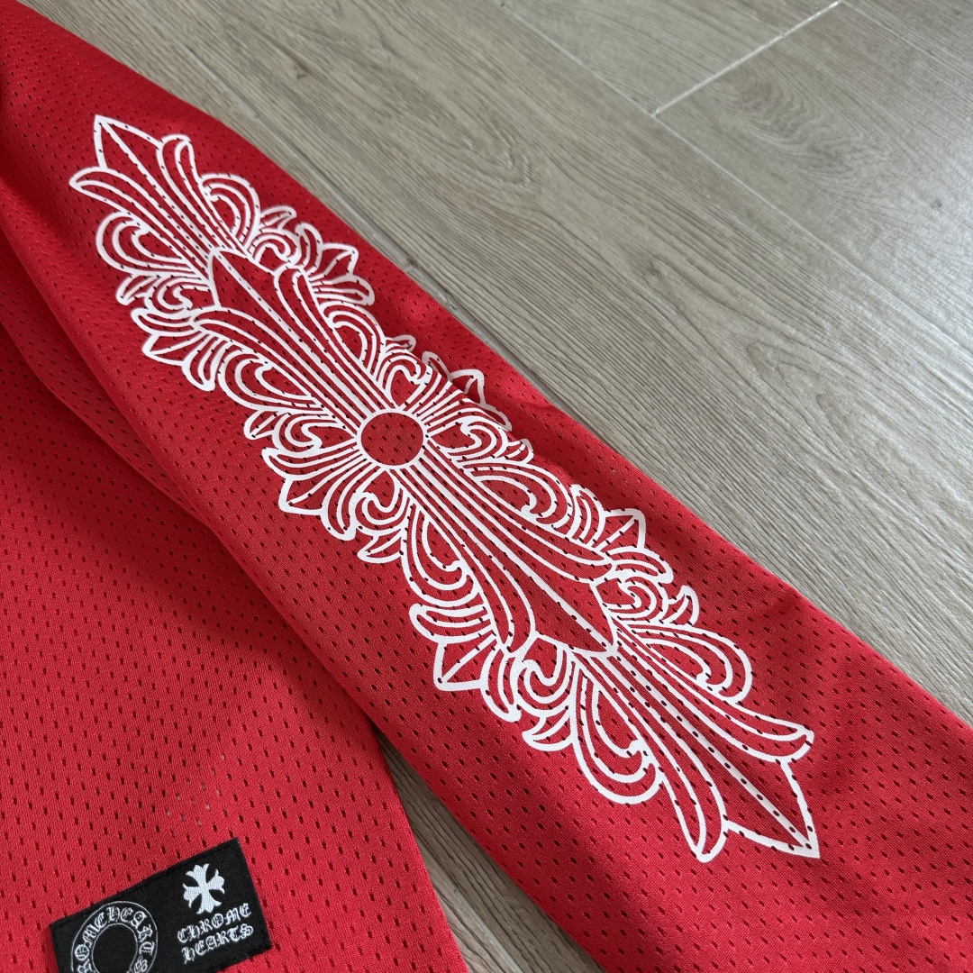 Chrome Hearts CH 克罗心 夏季 网眼冰球服 闪粉效果 长袖 V领 红色