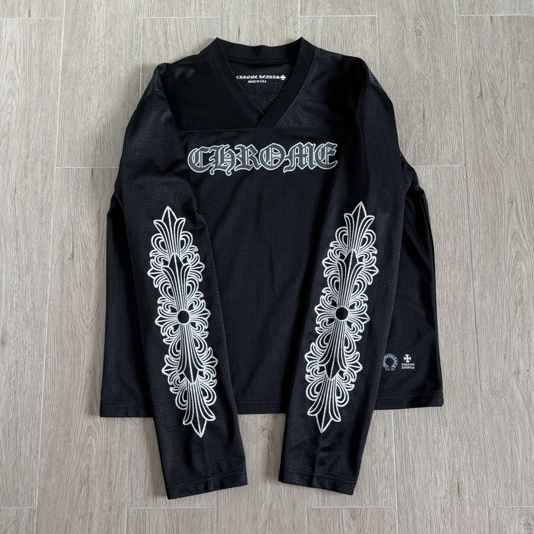 Chrome Hearts CH 克罗心 夏季 网眼冰球服 闪粉效果 长袖 V领 黑色