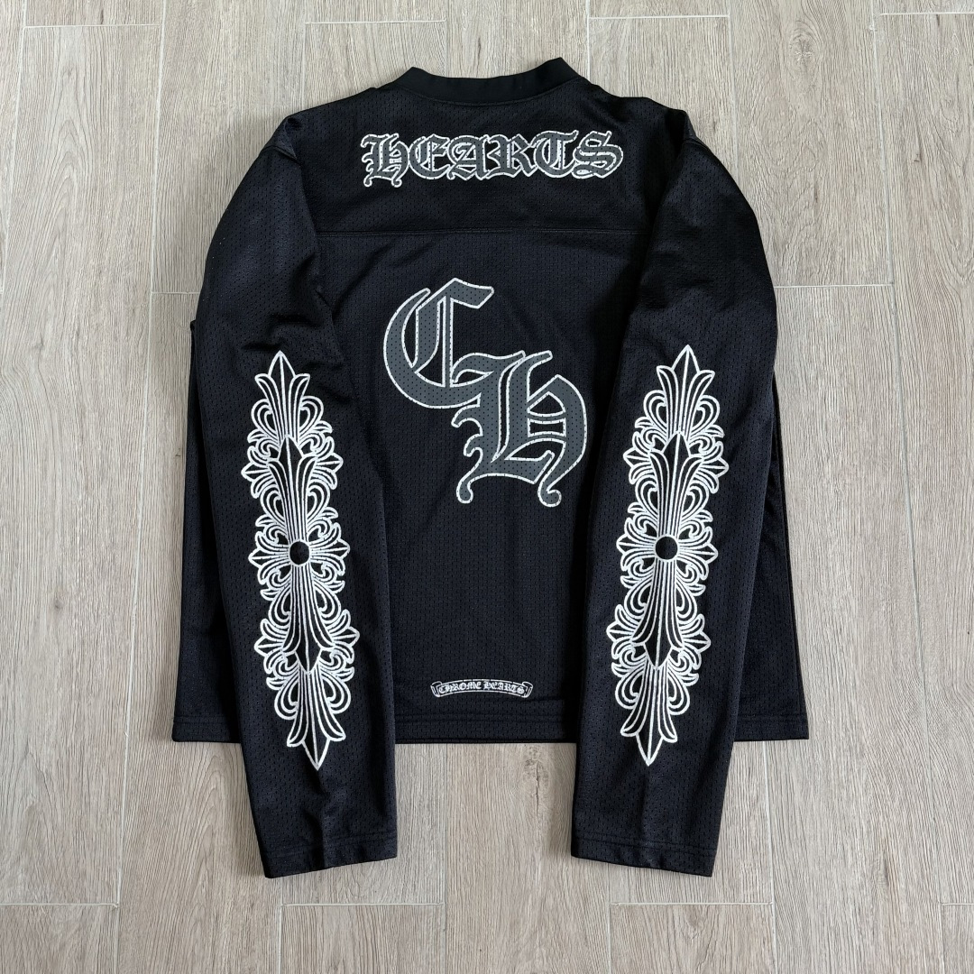 Chrome Hearts CH 克罗心 夏季 网眼冰球服 闪粉效果 长袖 V领 黑色