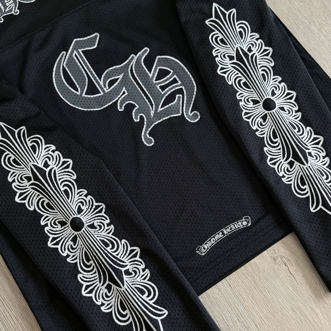 Chrome Hearts CH 克罗心 夏季 网眼冰球服 闪粉效果 长袖 V领 黑色